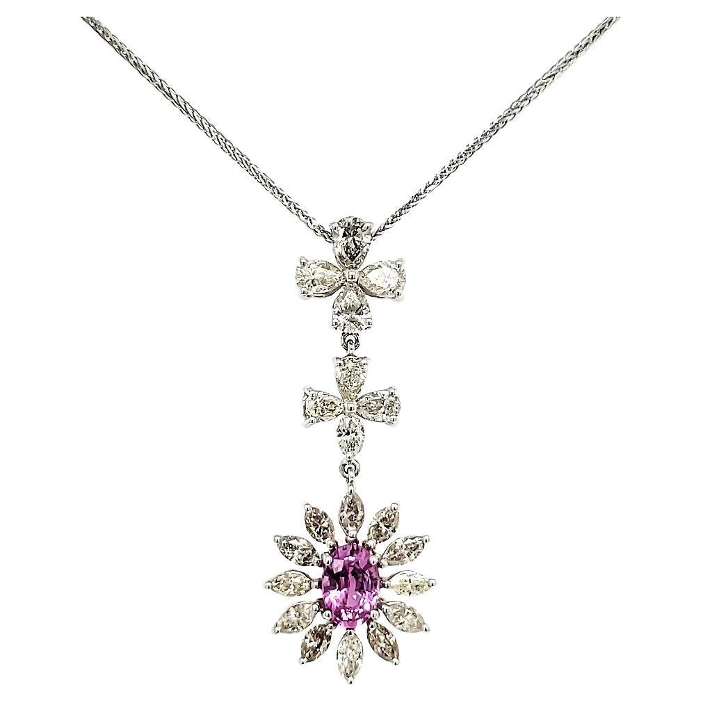 18k White Gold Pink Oval Sapphire Cts 1.07 and Marquise Diamond Pendant Necklace