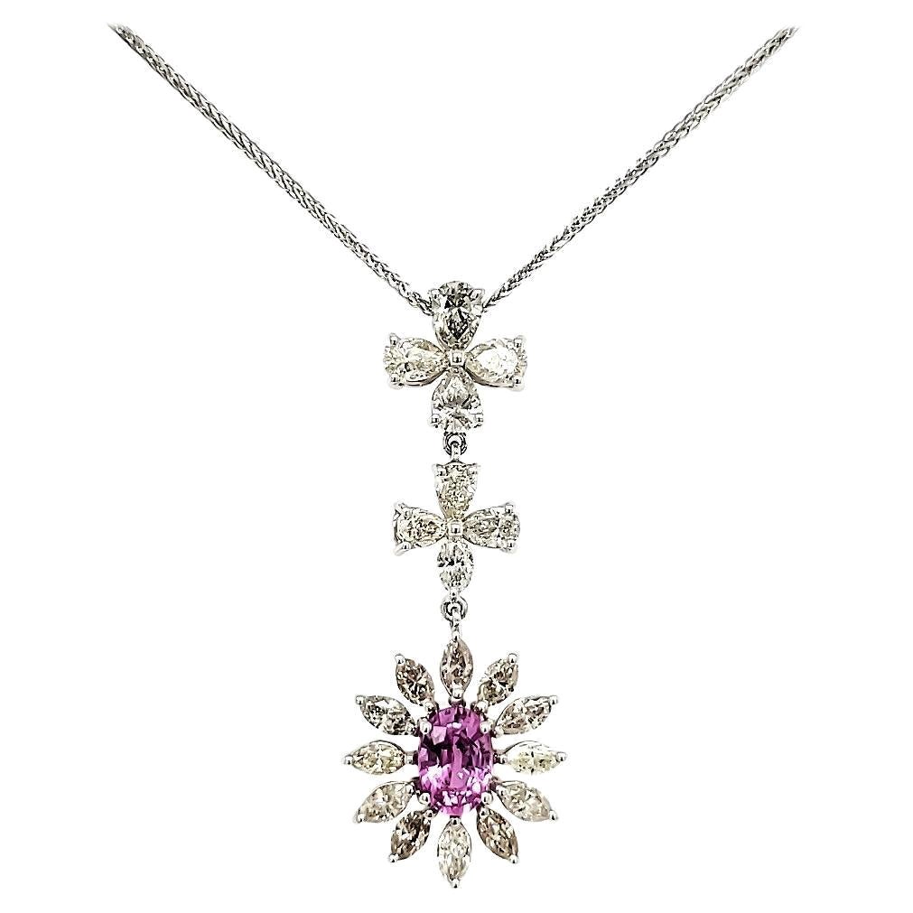 Collana con zaffiro ovale rosa in oro bianco 18 carati 1,07 e ciondolo con diamante marquise