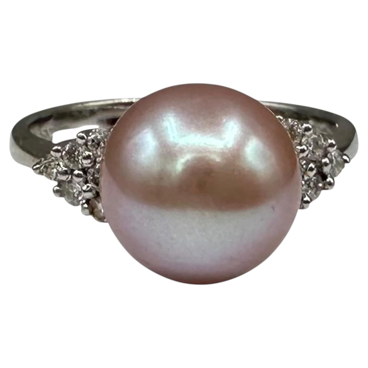 18K White Gold Pink Pearl Diamond Ring 0.20ct GH SI Size 6.75 For Sale