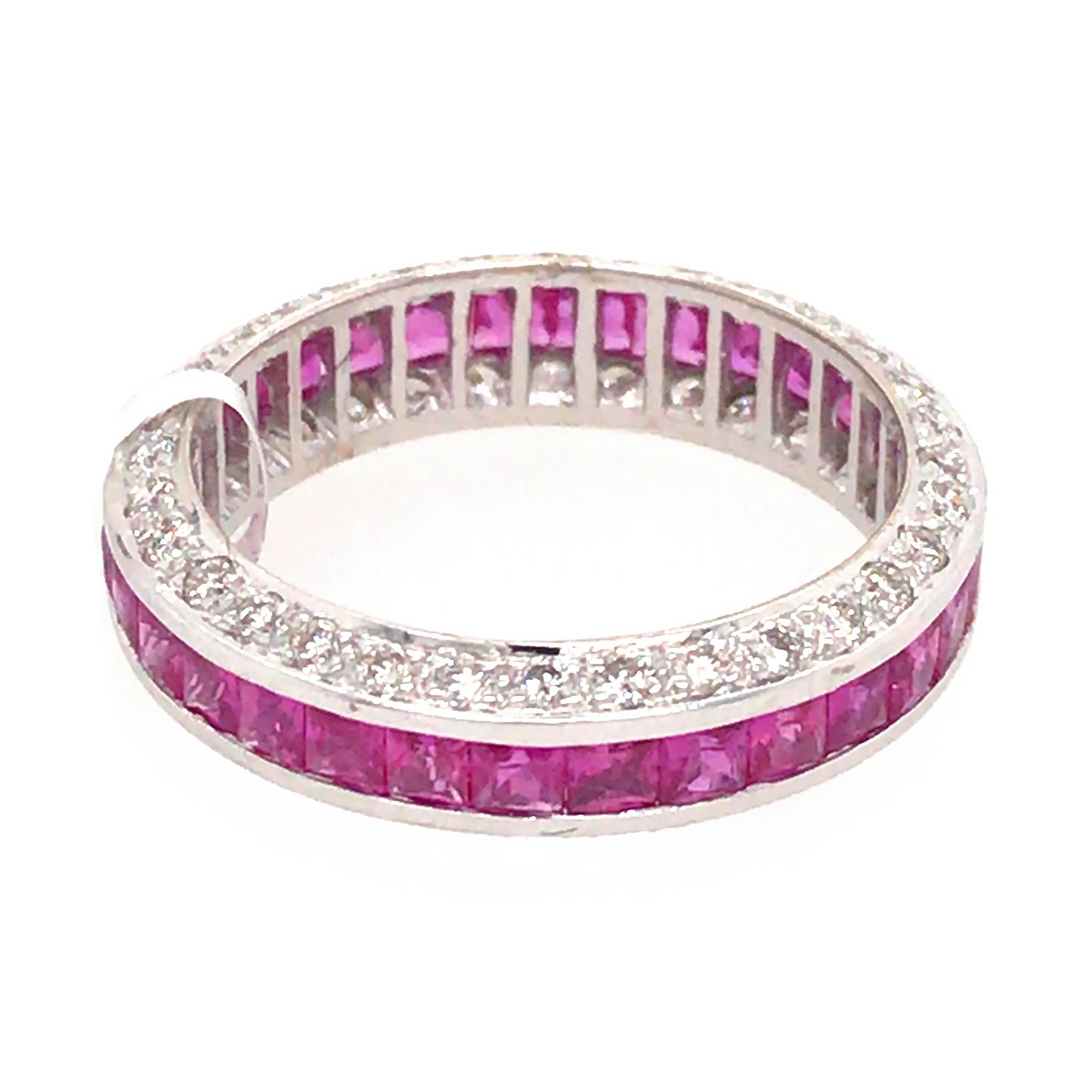 Princess Cut 18k White Gold Pink Sapphire and Diamond Band Ring