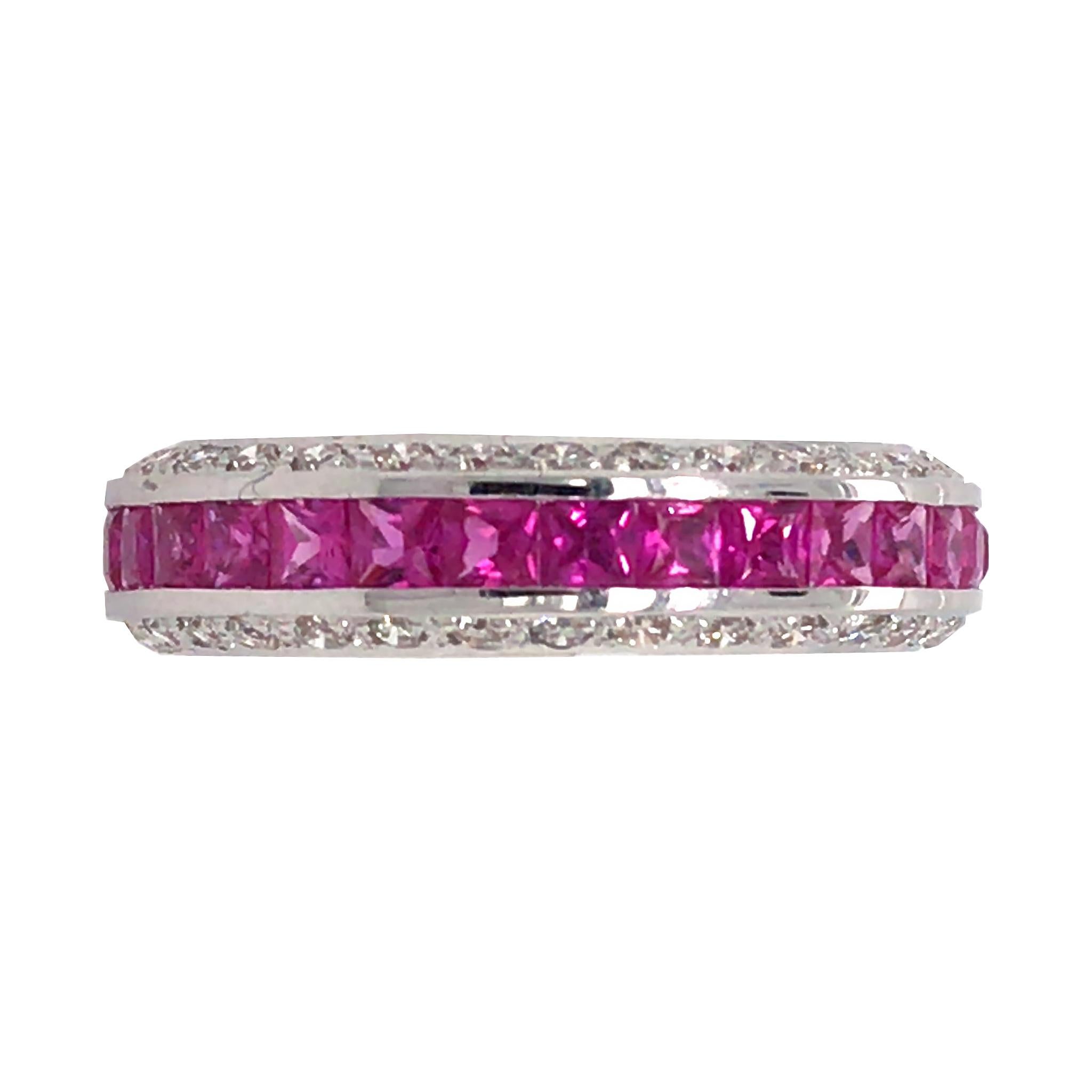 18k White Gold Pink Sapphire and Diamond Band Ring