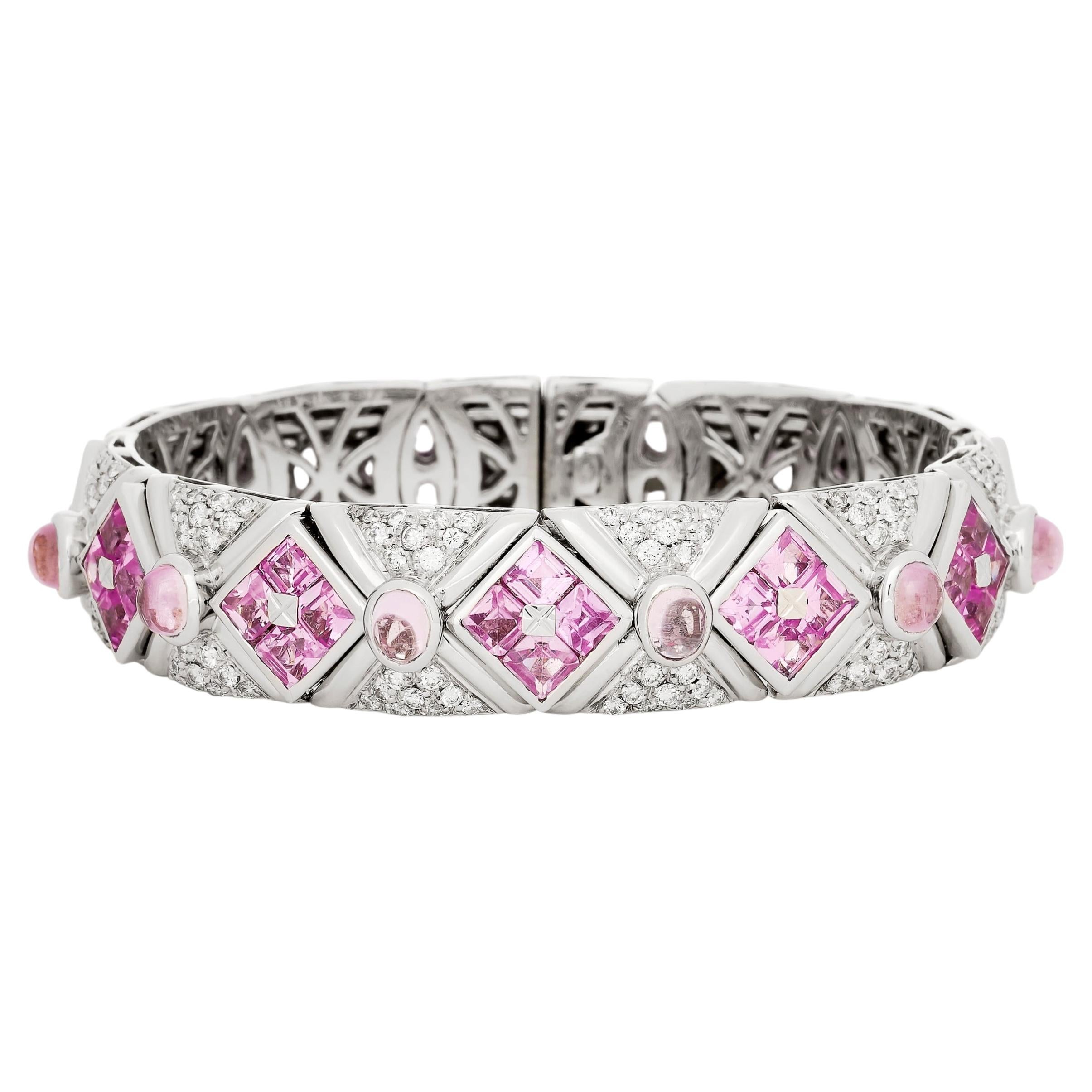 18K White Gold Pink Sapphire and Diamond Geometric Cuff Style Bangle Bracelet For Sale