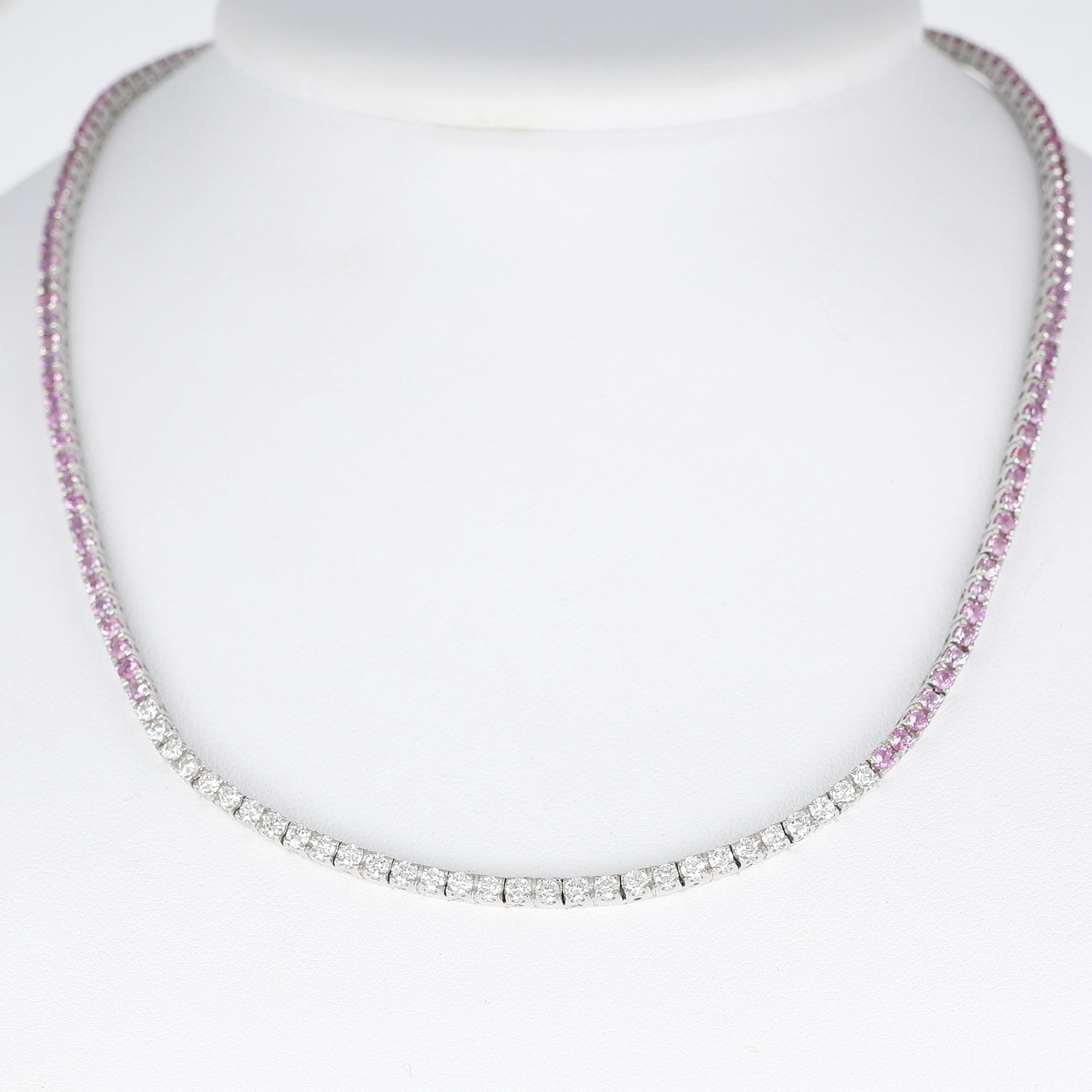 Taglio brillante Collana Rivière in oro bianco 18 carati con zaffiri rosa e diamanti in vendita