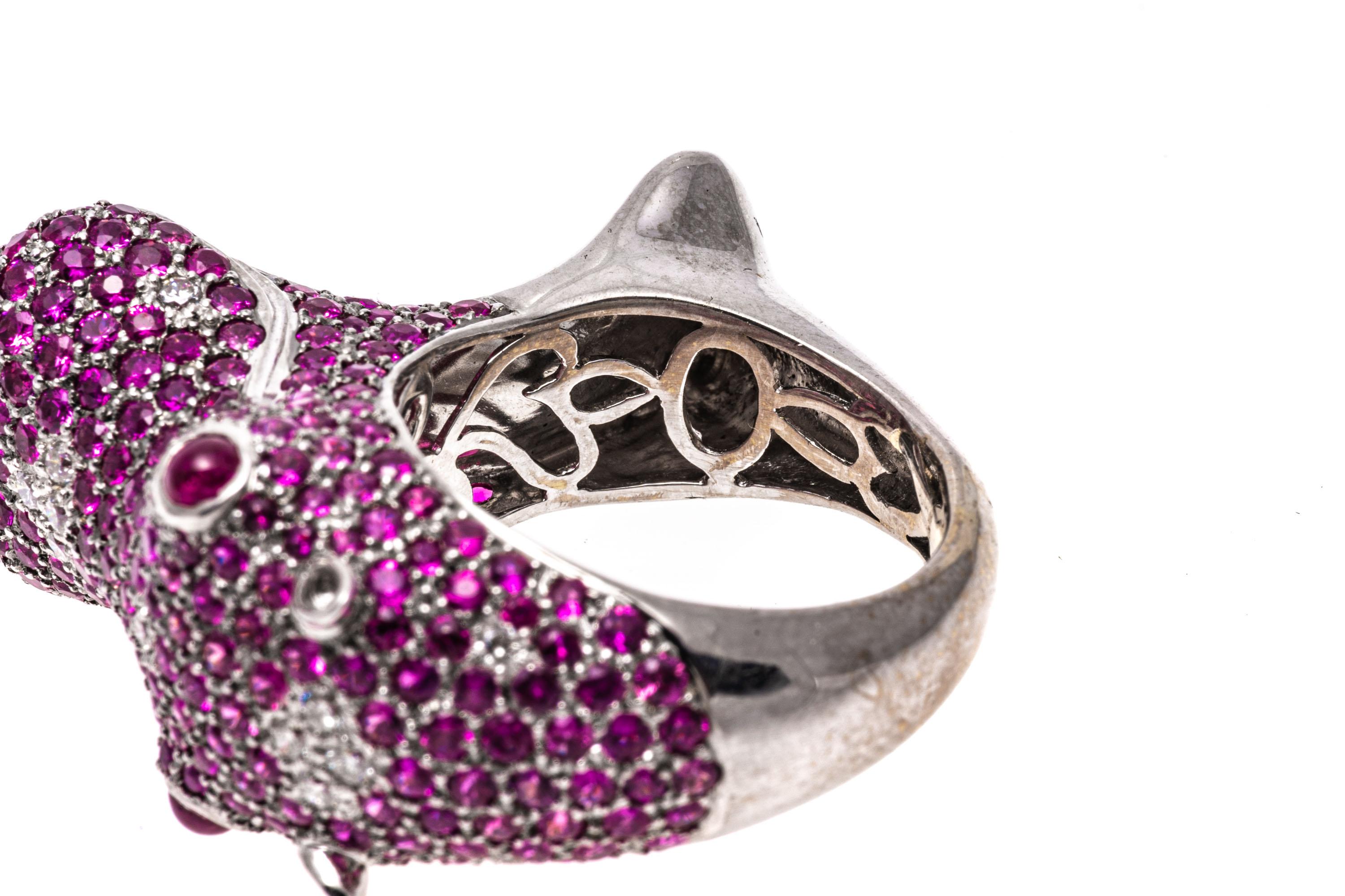 18k White Gold Pink Sapphire and Diamond Roaring Hippopotamus Ring For Sale 4