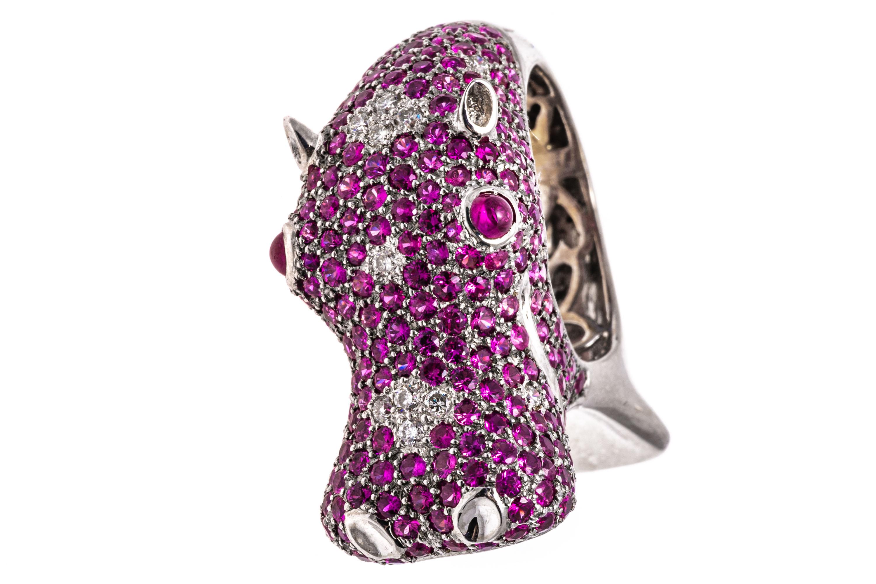 18k White Gold Pink Sapphire and Diamond Roaring Hippopotamus Ring For Sale 5