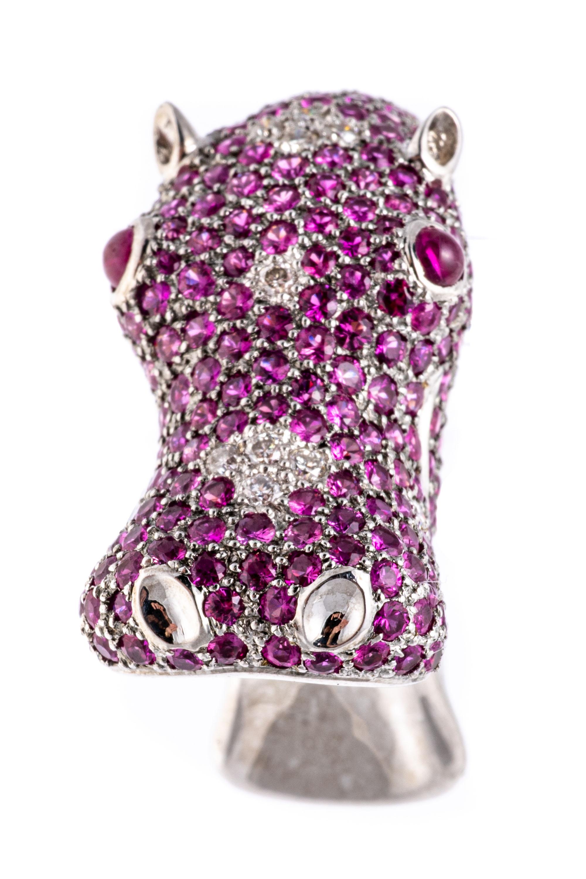 18k White Gold Pink Sapphire and Diamond Roaring Hippopotamus Ring For Sale 6
