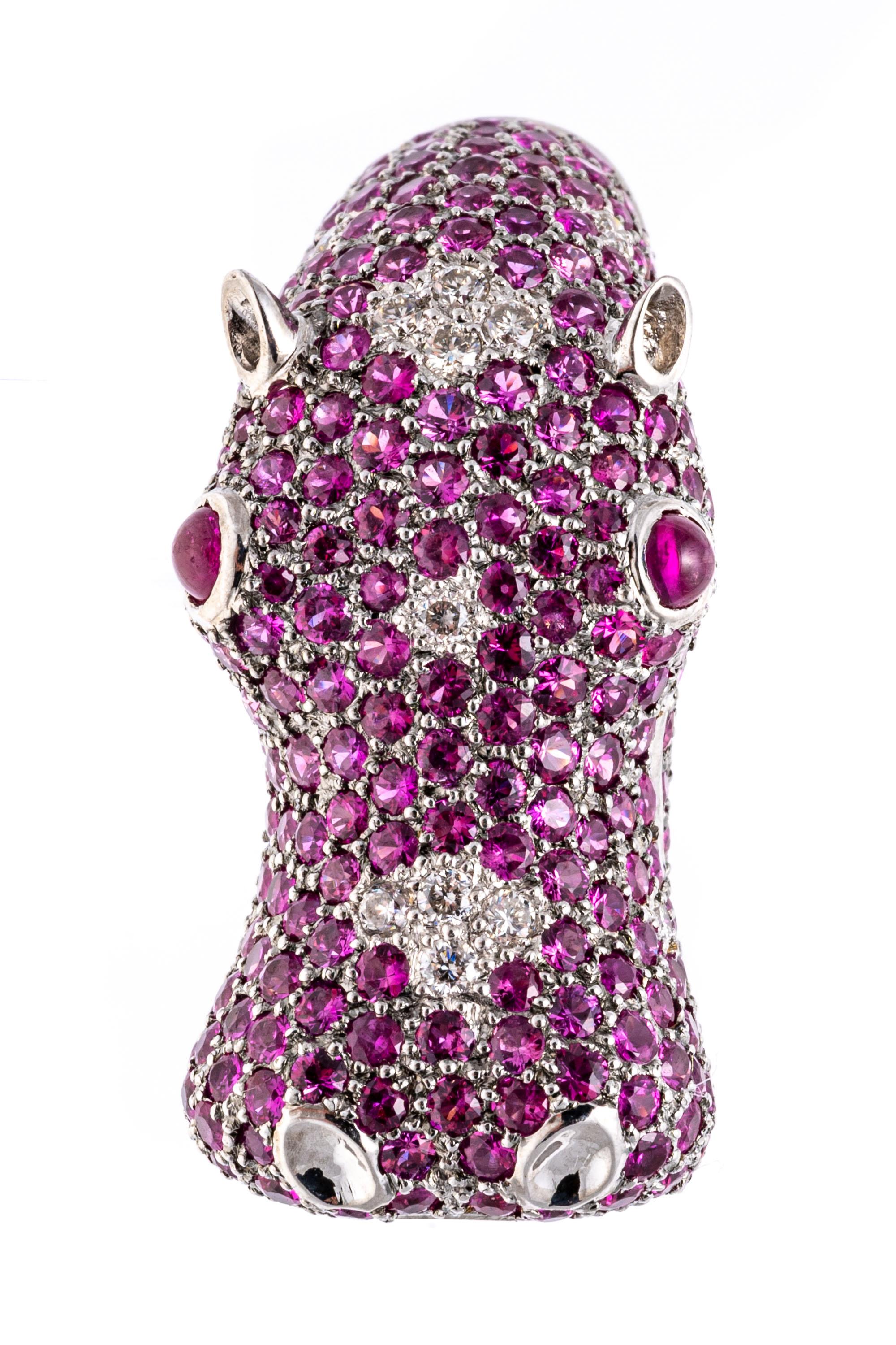 18k White Gold Pink Sapphire and Diamond Roaring Hippopotamus Ring For Sale 7
