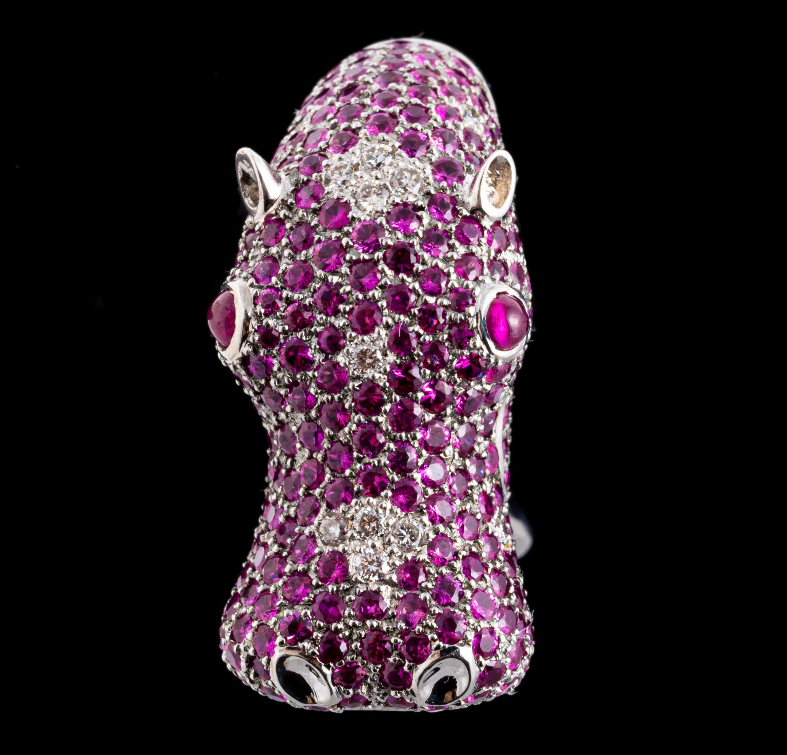 18k White Gold Pink Sapphire and Diamond Roaring Hippopotamus Ring For Sale 8