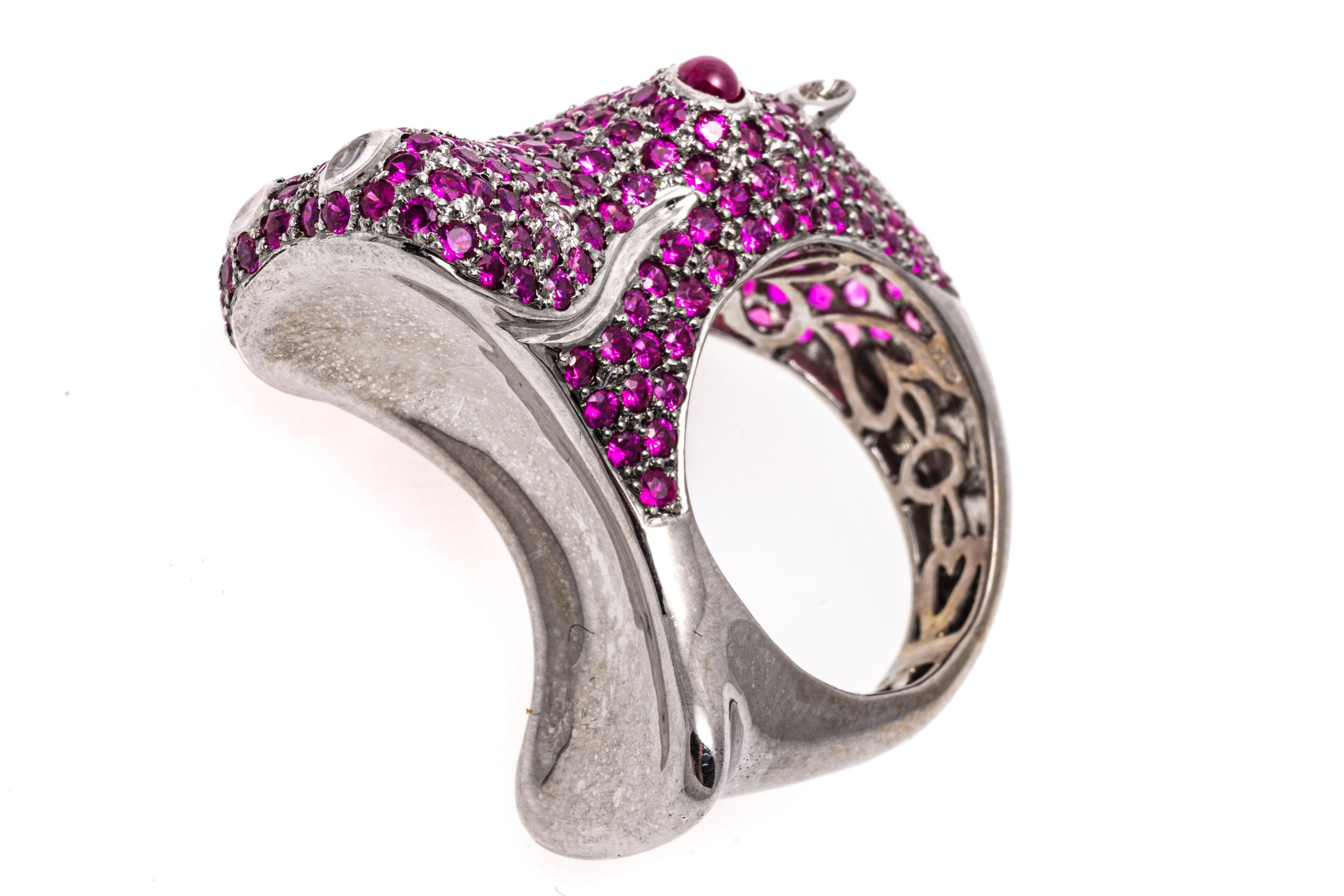 18k White Gold Pink Sapphire and Diamond Roaring Hippopotamus Ring For Sale 10