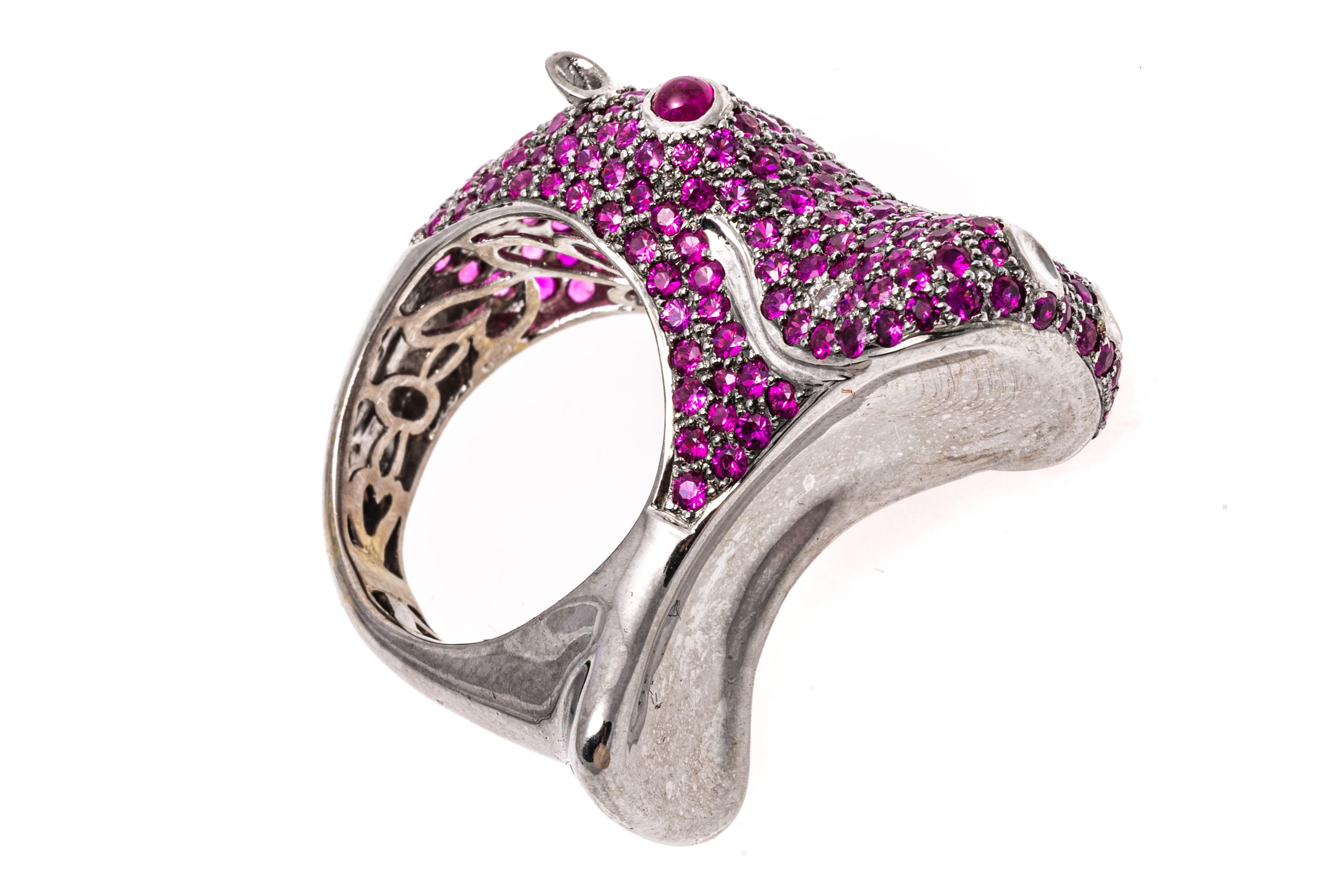 Contemporary 18k White Gold Pink Sapphire and Diamond Roaring Hippopotamus Ring For Sale