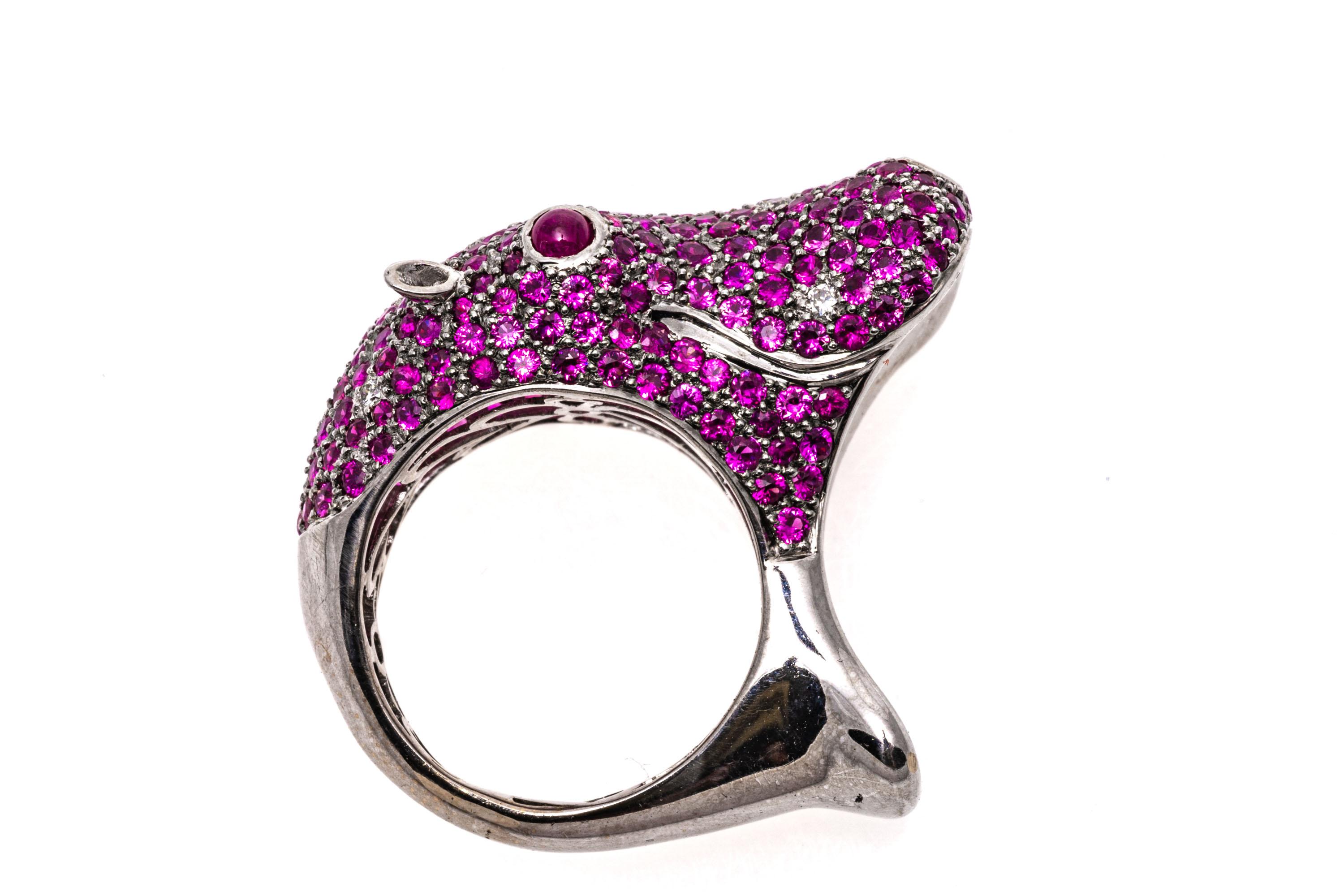 Round Cut 18k White Gold Pink Sapphire and Diamond Roaring Hippopotamus Ring For Sale