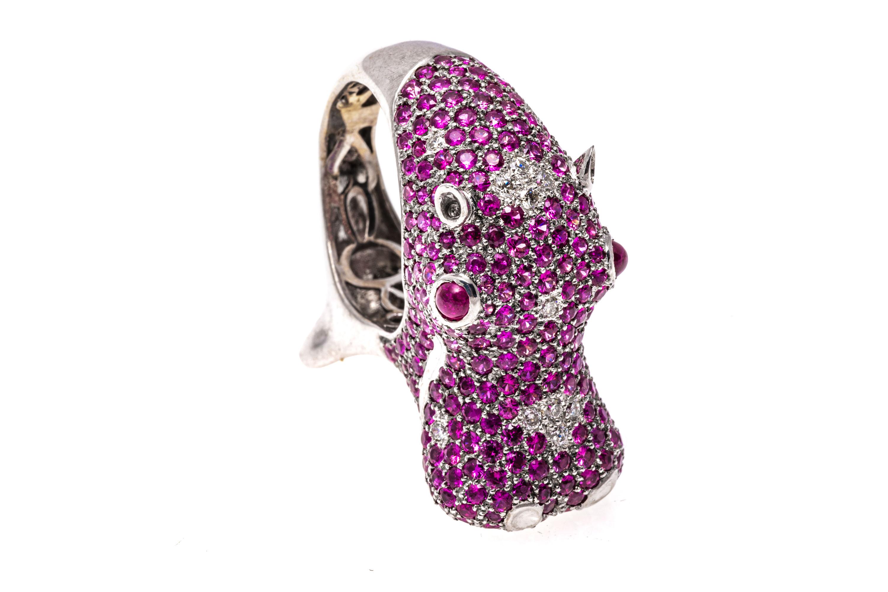 Women's 18k White Gold Pink Sapphire and Diamond Roaring Hippopotamus Ring For Sale