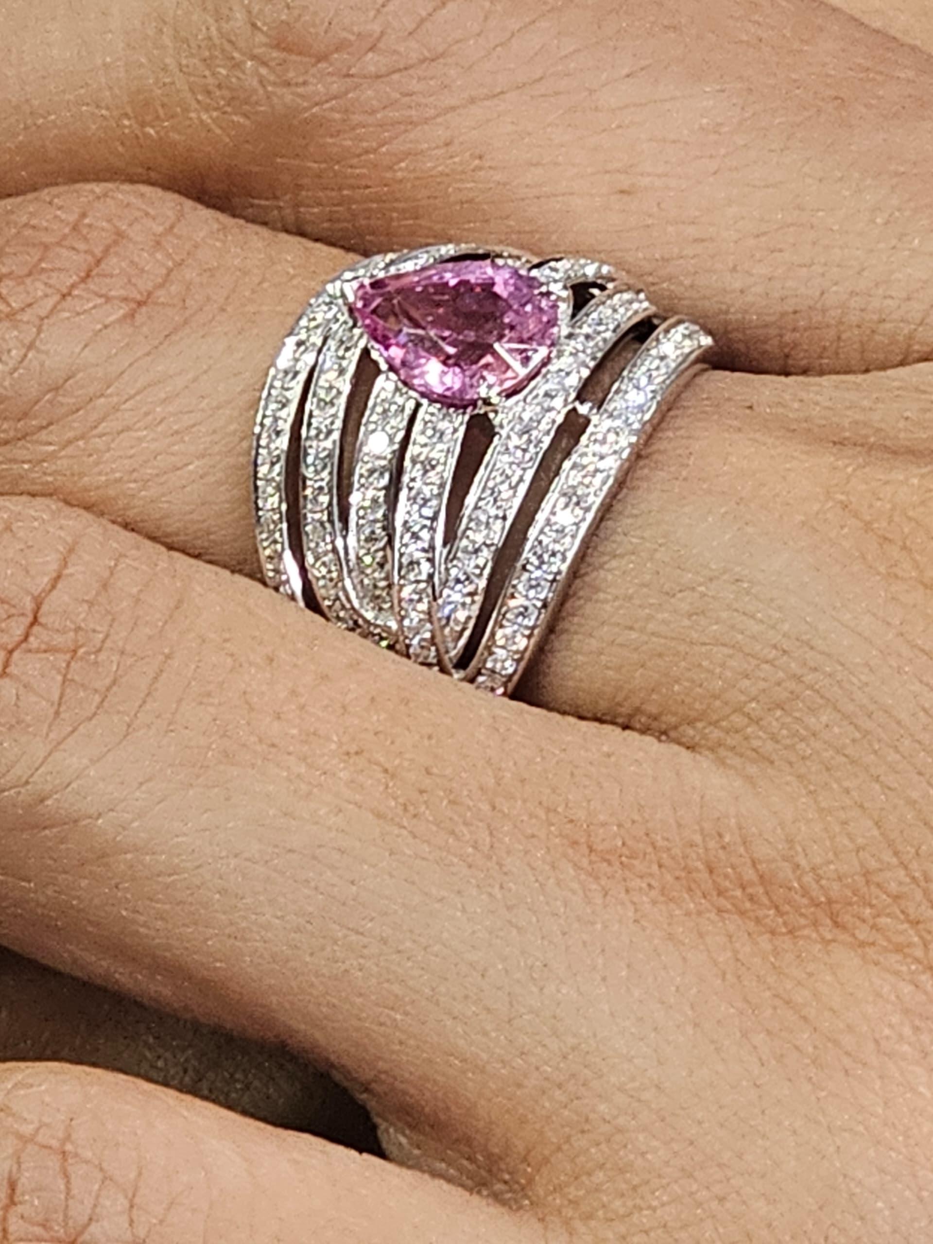Pear Cut 18K White Gold Pink Sapphire & Diamond Dress Ring – Timeless Glamour For Sale
