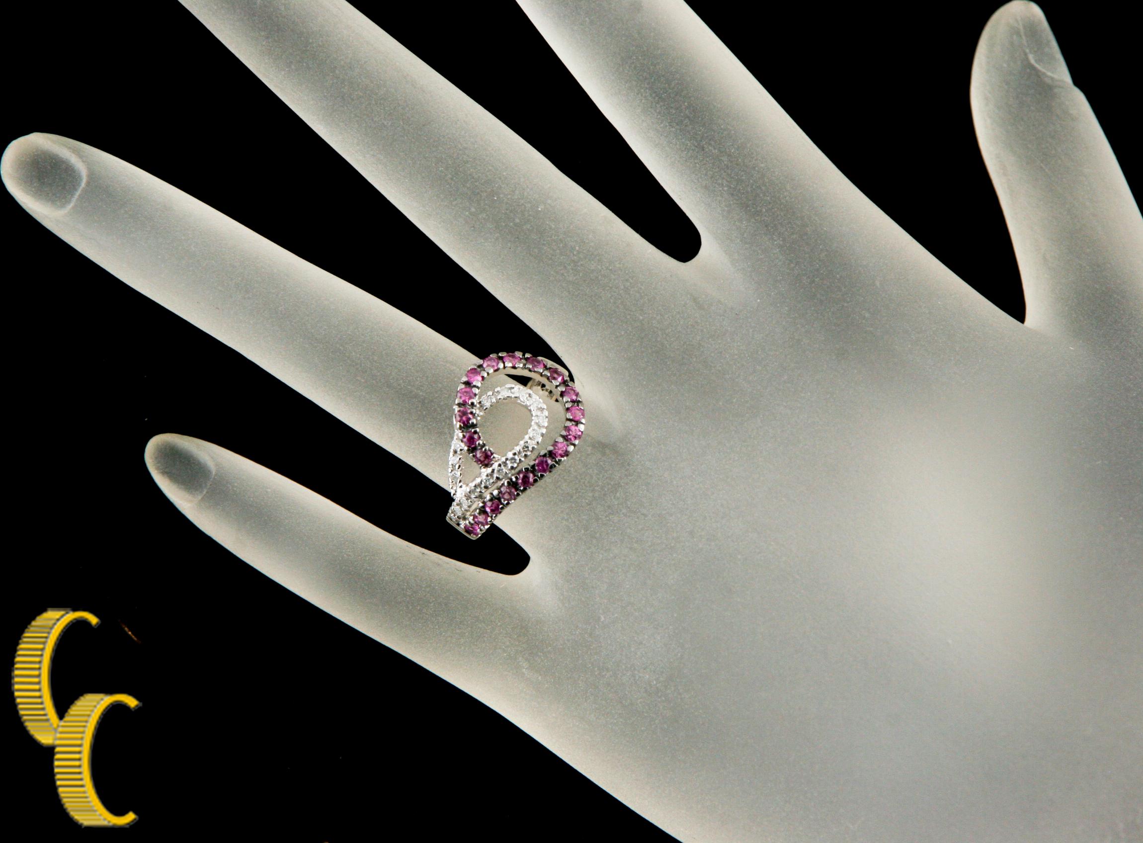 Round Cut 18 Karat White Gold Pink Sapphire and Diamond Ring, Earring, and Pendant Set