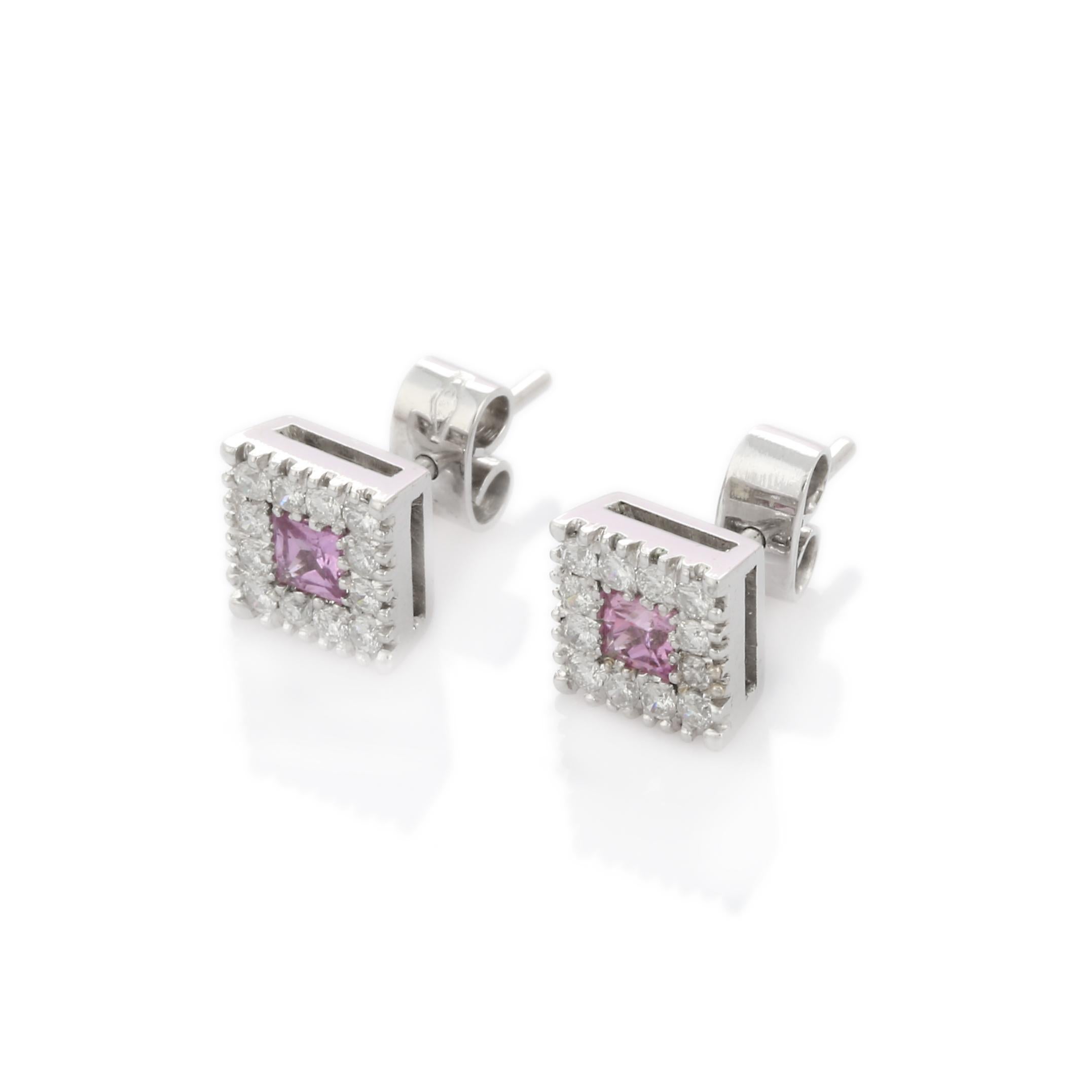 Modern 18K White Gold Pink Sapphire Diamond Square Cut Stud Earrings For Sale