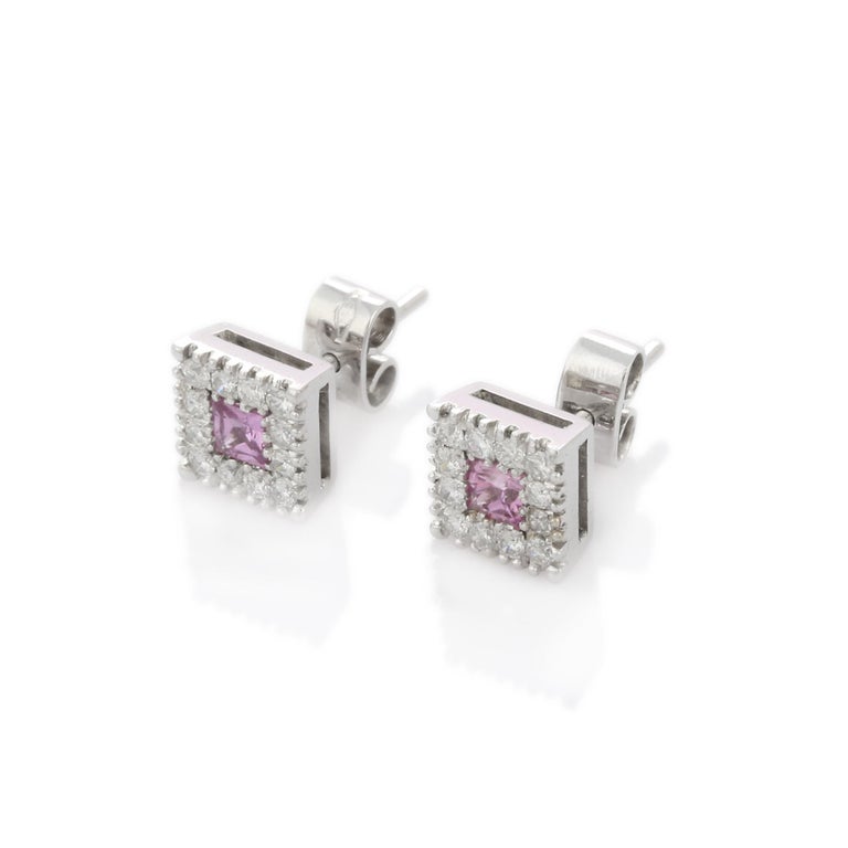 18K White Gold Pink Sapphire Diamond Square Cut Stud Earrings For Sale
