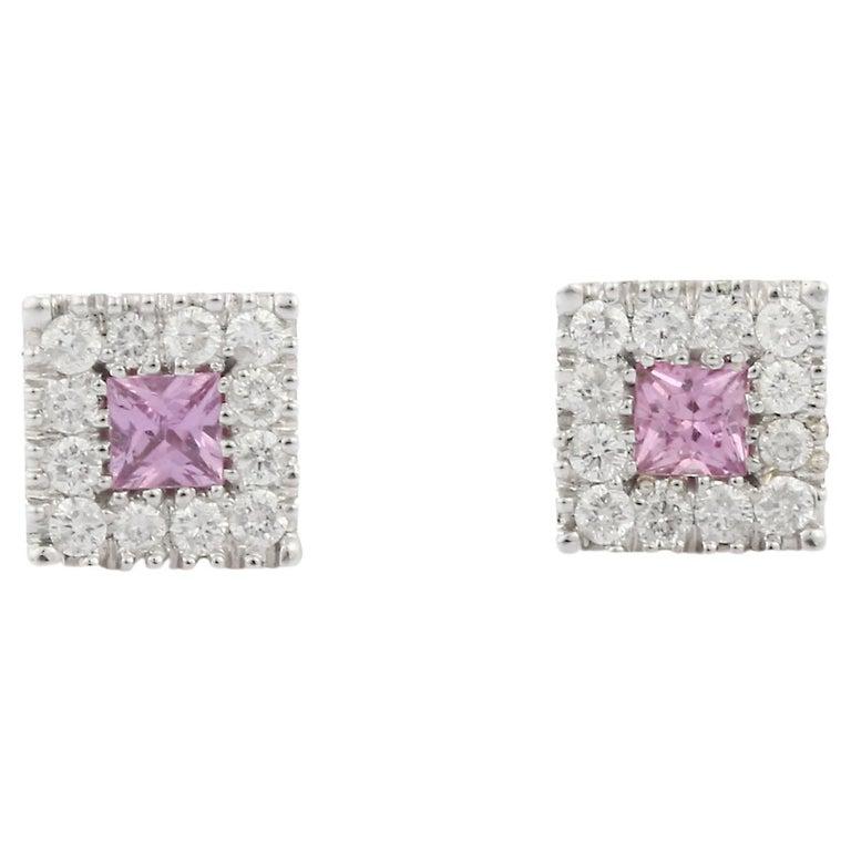 18 Karat Weißgold Ohrstecker mit quadratischem Schliff, rosa Saphir und Diamant im Angebot 1