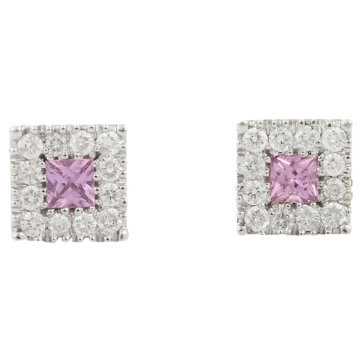 18K White Gold Pink Sapphire Diamond Square Cut Stud Earrings For Sale