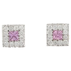 18K White Gold Pink Sapphire Diamond Square Cut Stud Earrings