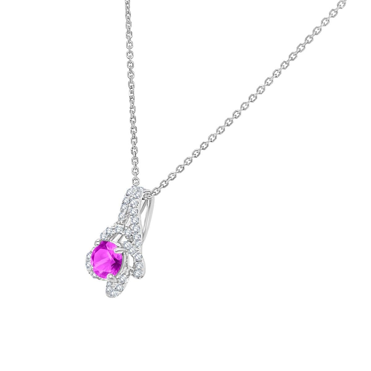This Floral designed pendant features a 0.37 carat round pink Sapphire surrounded by 0.16 total carat weight of round brilliant diamonds set in 18k white gold.

Product details: 

Center Gemstone Type: Pink Sapphire
Center Gemstone Carat Weight: