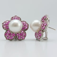 18K White Gold Pink Sapphire Flower Earrings with Tahitian Pearls Omega