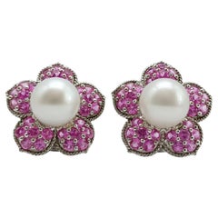 18K White Gold Pink Sapphire Flower Earrings with Tahitian Pearls Omega