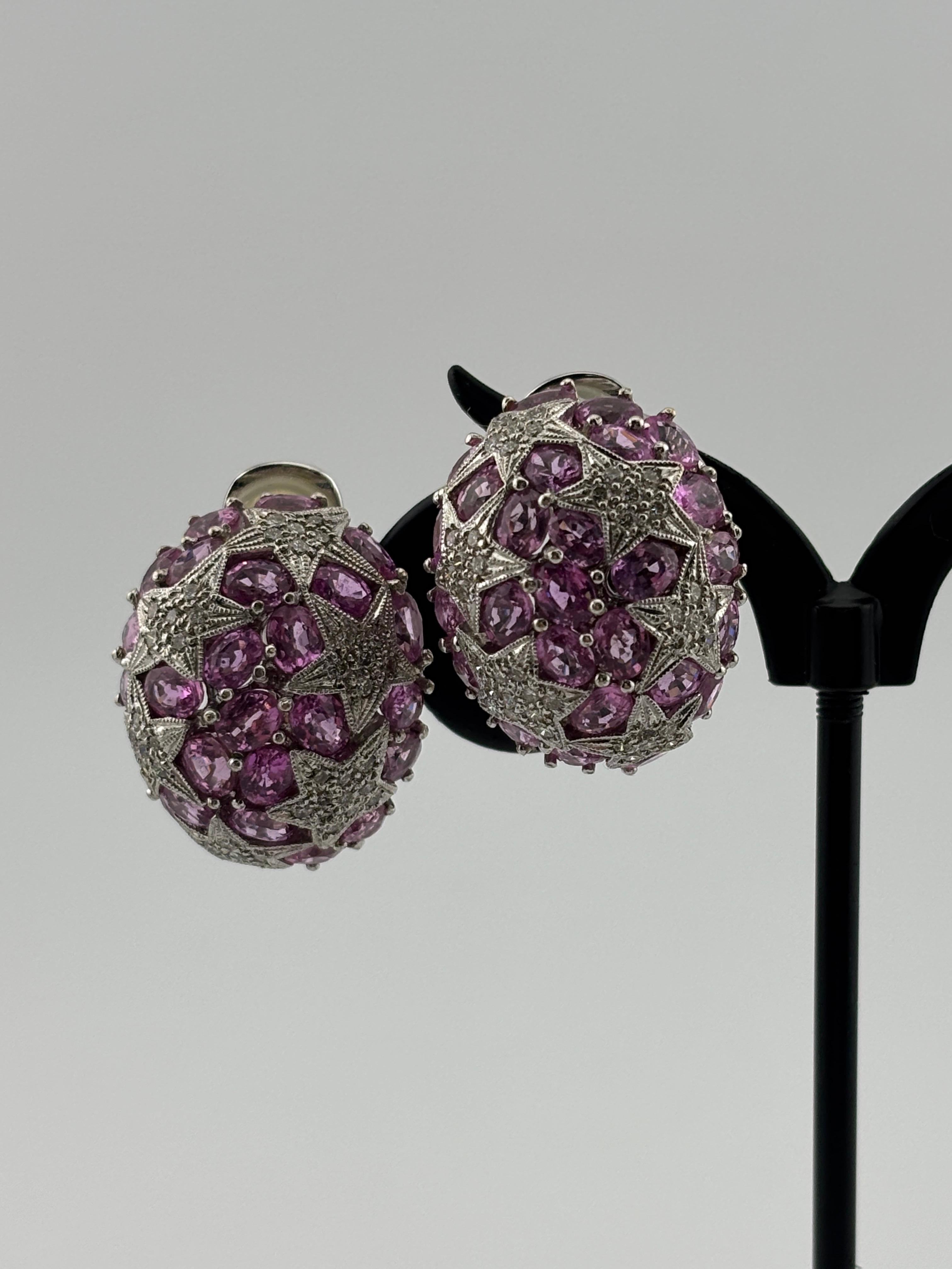 Taglio brillante Orecchini con zaffiro rosa e diamanti naturali in oro bianco 18k in vendita