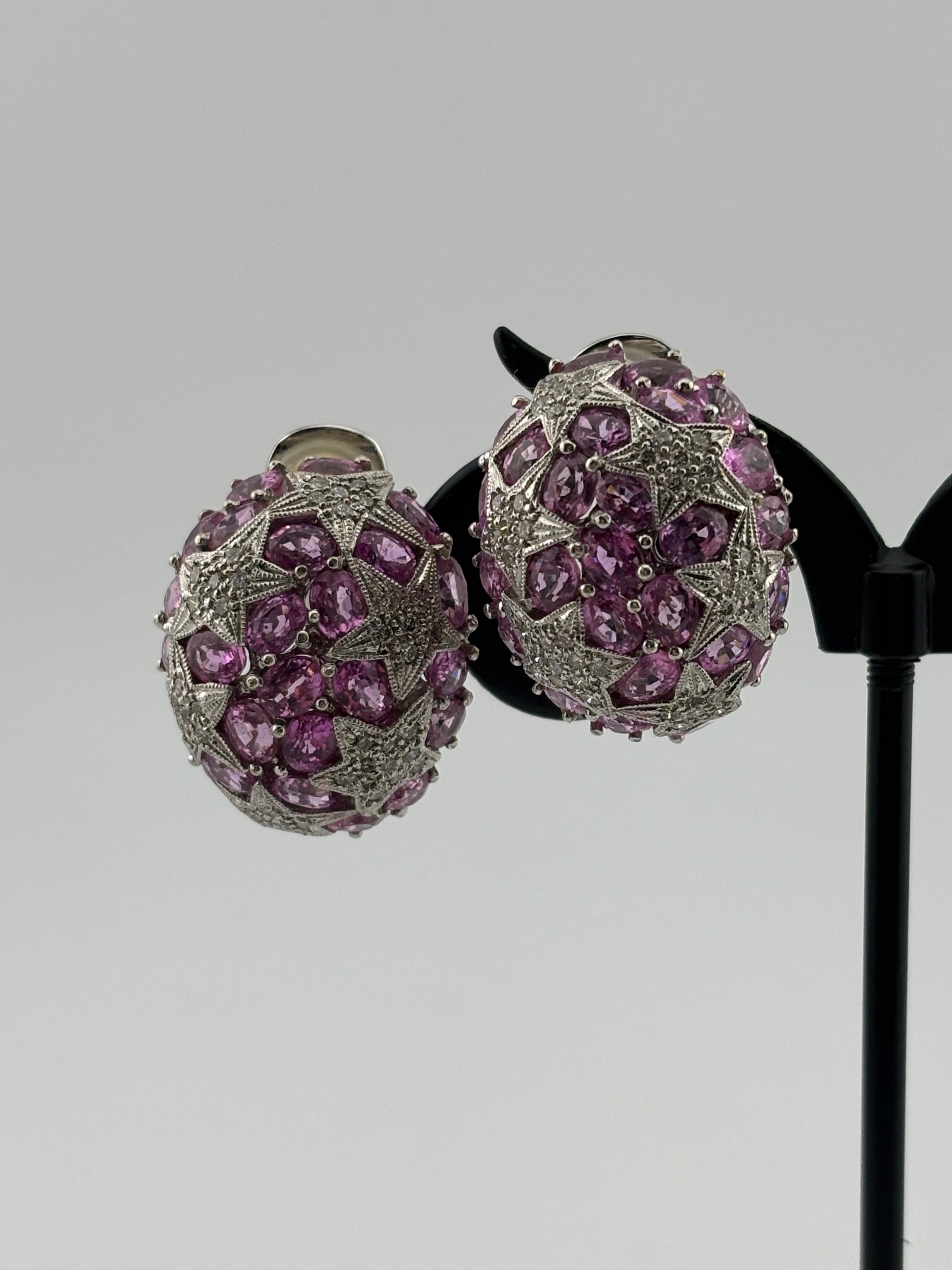 Orecchini con zaffiro rosa e diamanti naturali in oro bianco 18k in vendita 4