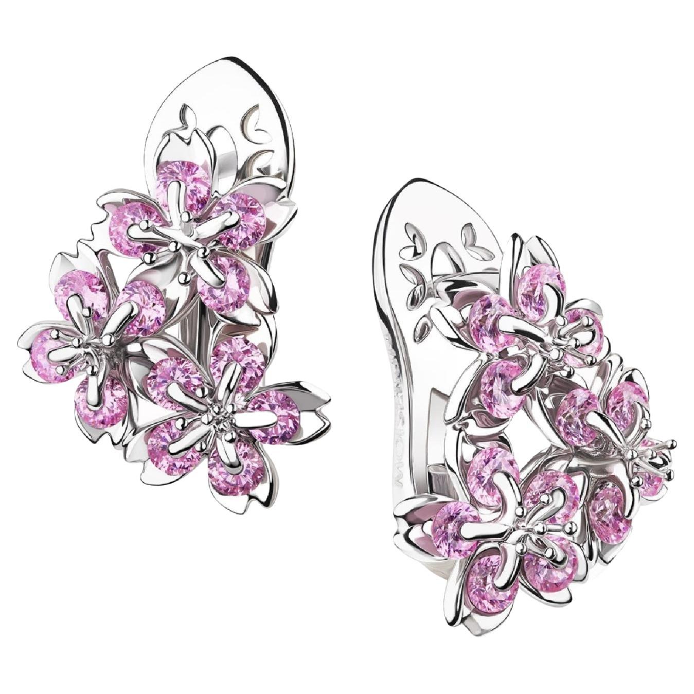 18K White Gold Pink Sapphire Sakura Floral Earrings by MOISEIKIN