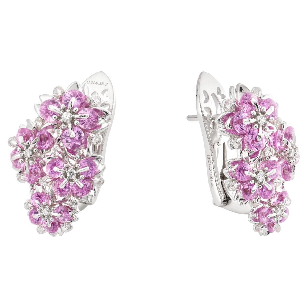 18K White Gold Pink Sapphire Sakura Floral Earrings by MOISEIKIN