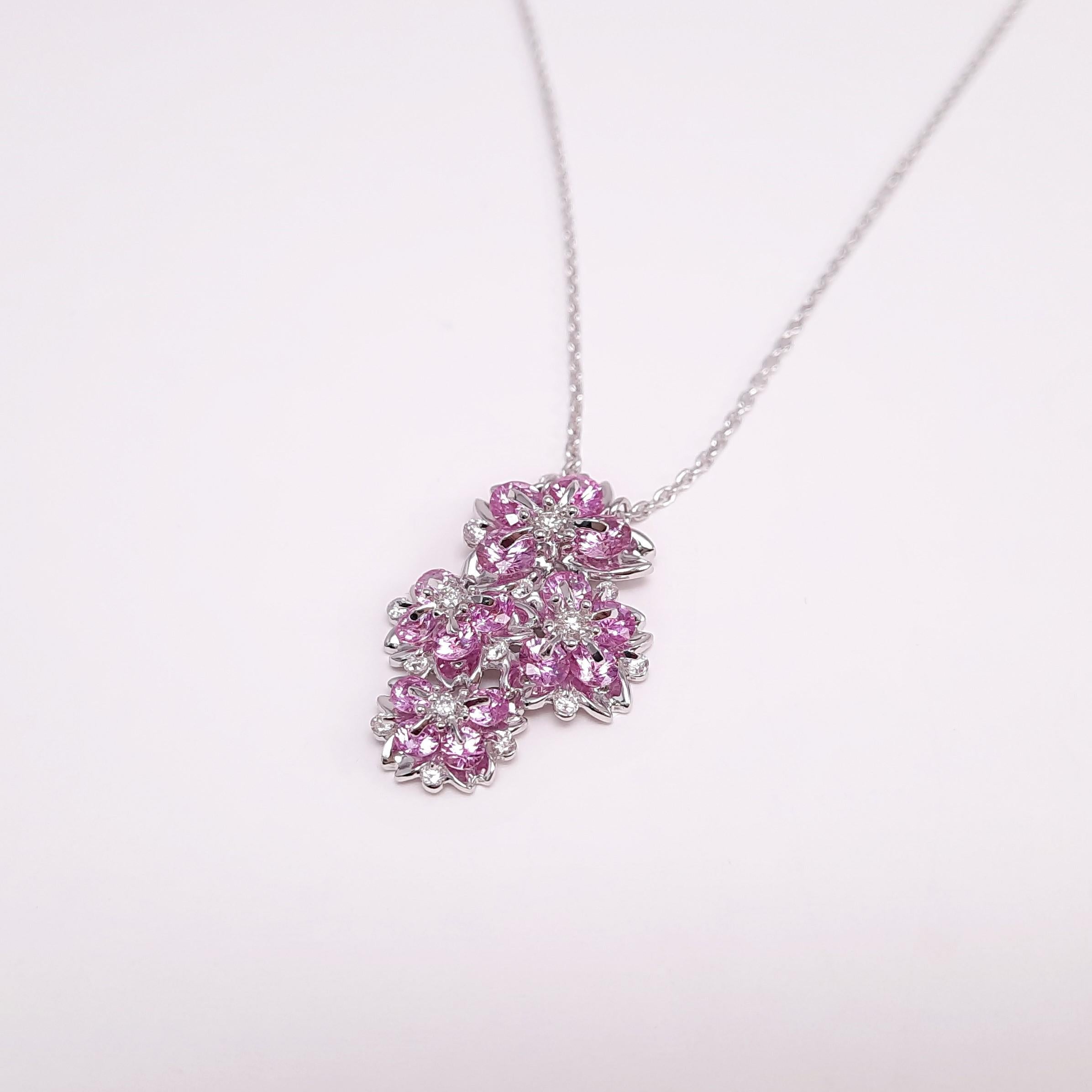 Contemporary 18K White Gold Pink Sapphire Sakura Floral Necklace by MOISEIKIN For Sale