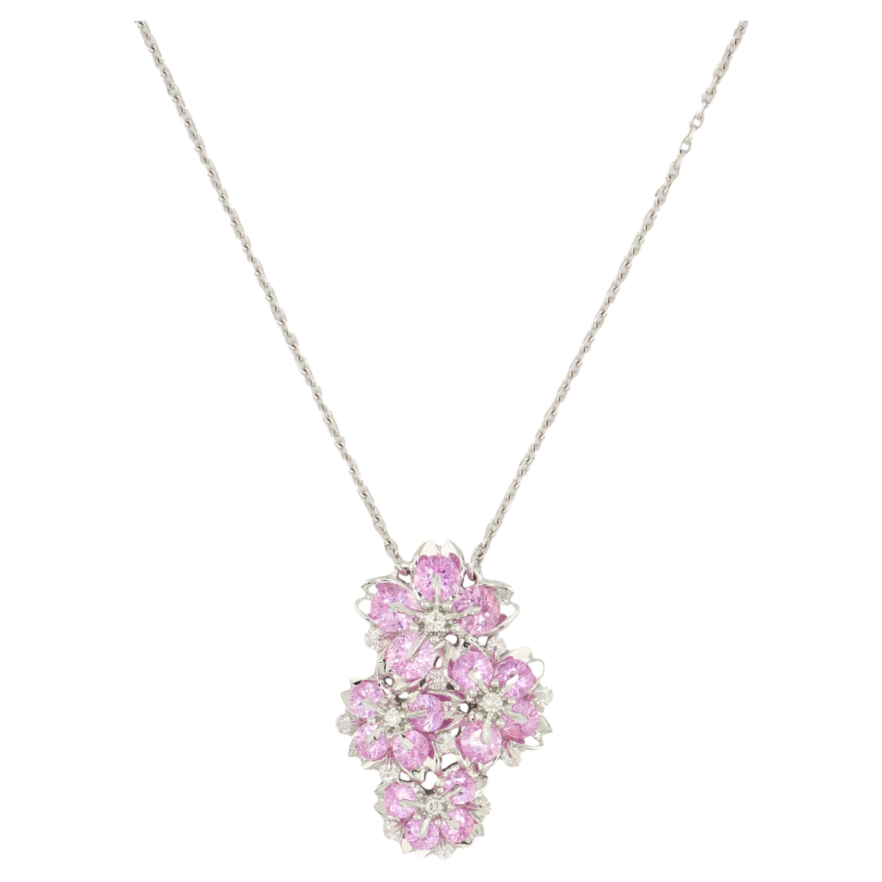 18K White Gold Pink Sapphire Sakura Floral Necklace by MOISEIKIN For Sale