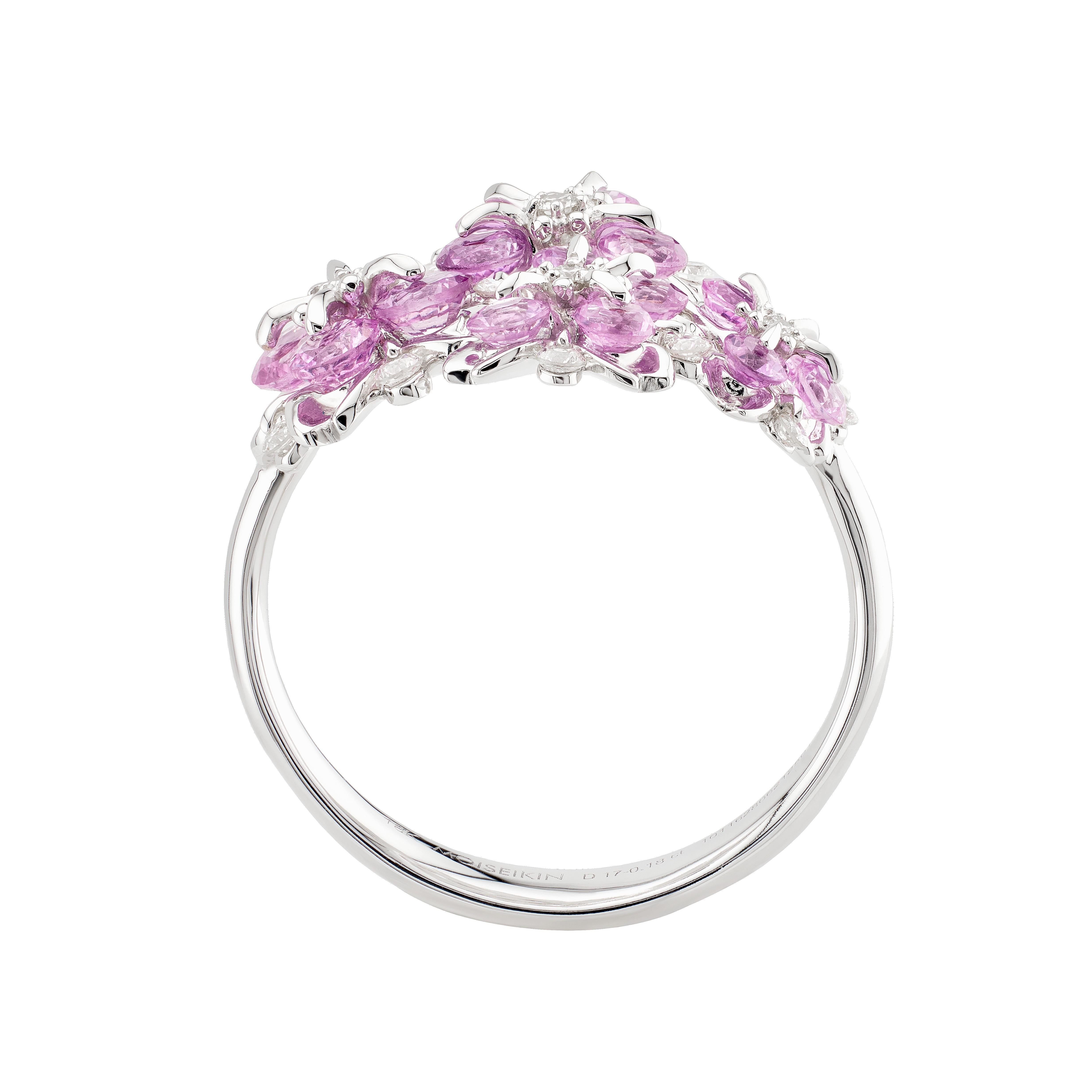 Contemporary 18K White Gold Pink Sapphire Sakura Floral Ring by MOISEIKIN For Sale