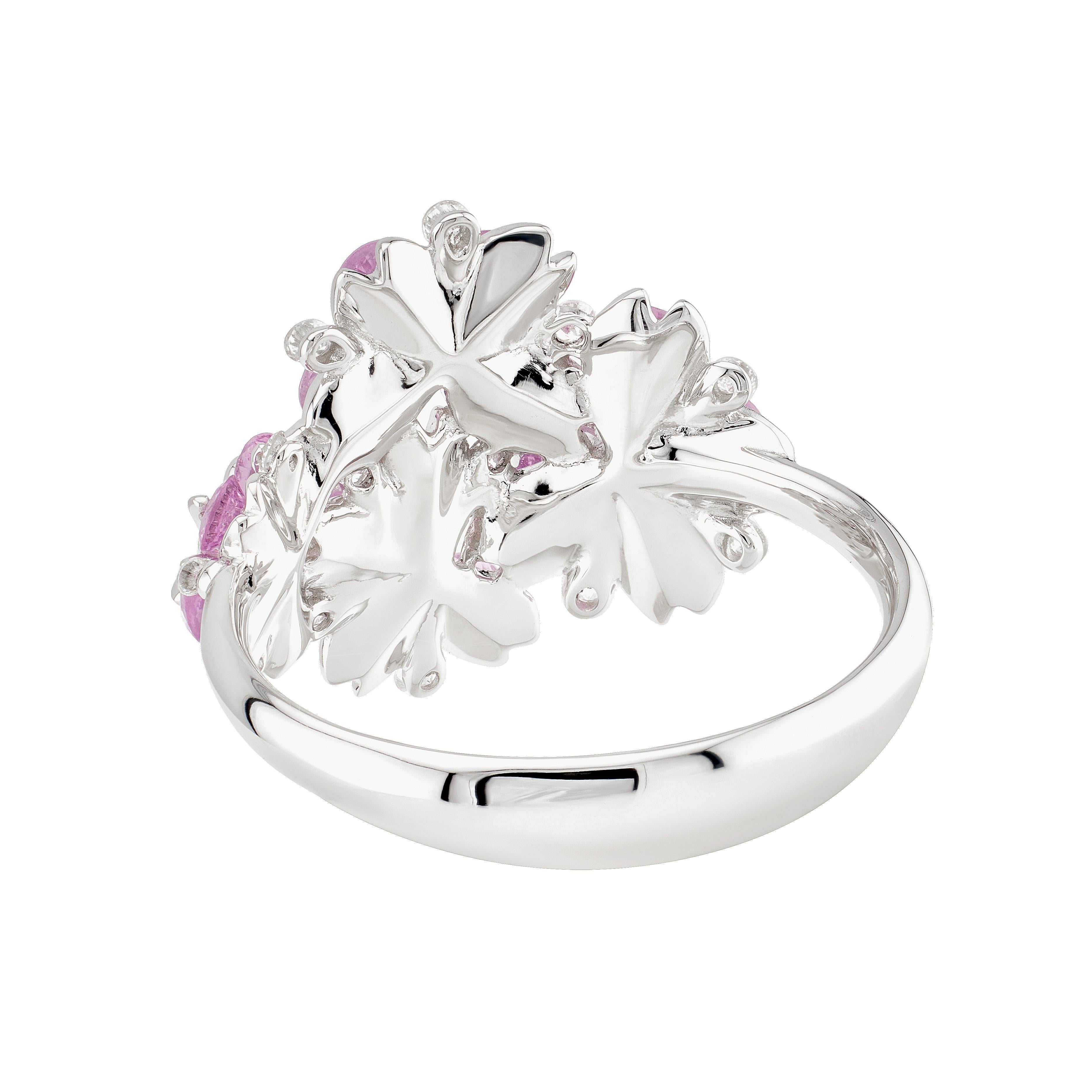 Round Cut 18K White Gold Pink Sapphire Sakura Floral Ring by MOISEIKIN For Sale