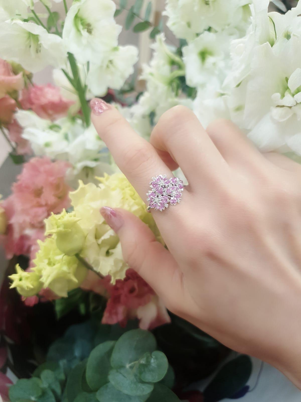 Women's 18K White Gold Pink Sapphire Sakura Floral Ring by MOISEIKIN For Sale