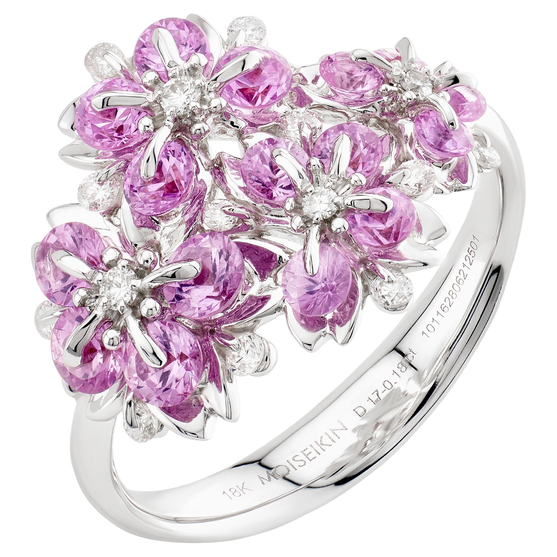 18K White Gold Pink Sapphire Sakura Floral Ring by MOISEIKIN For Sale
