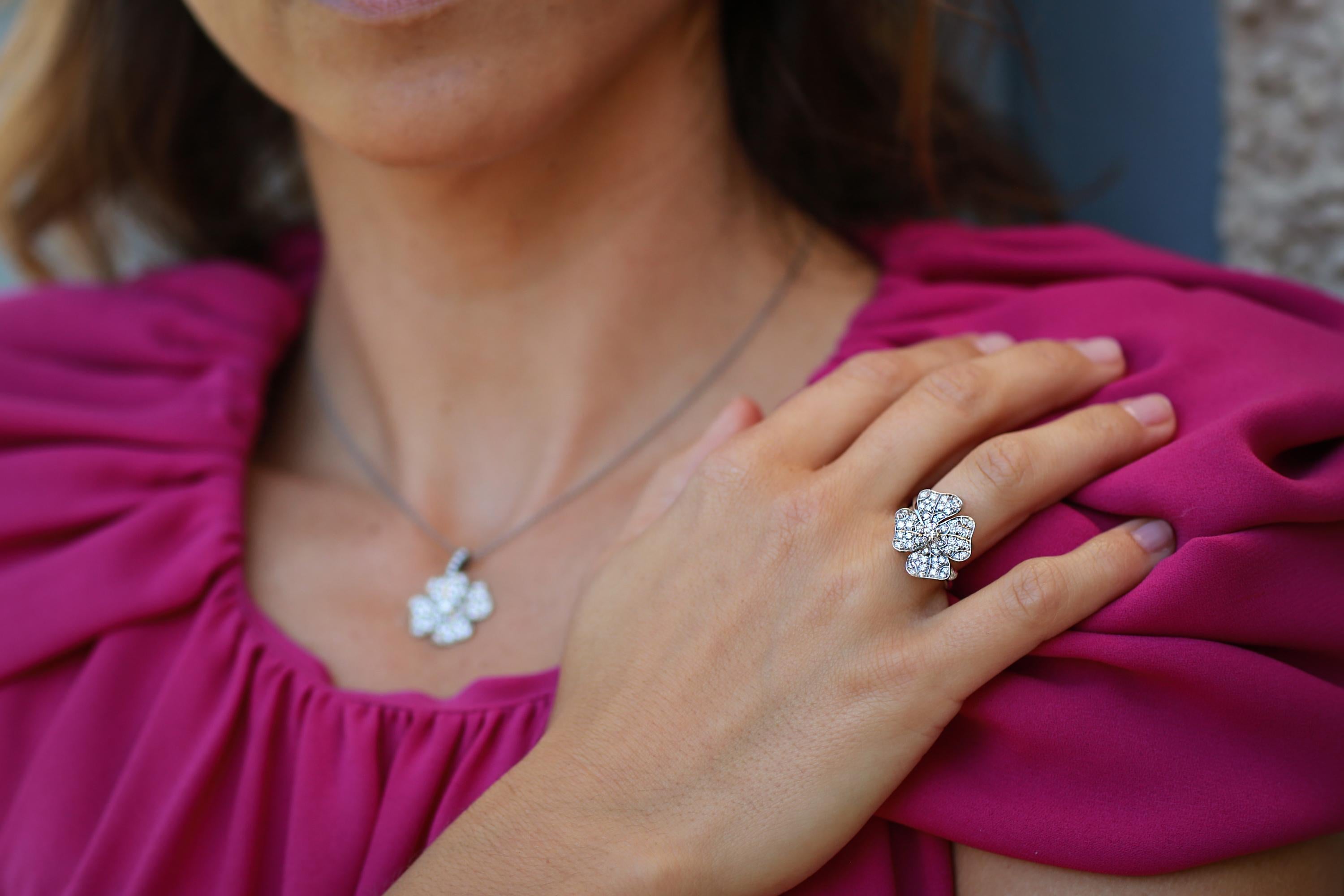 AENEA 18k White Gold Pink Sapphires White Diamonds Flower Ring For Sale 2