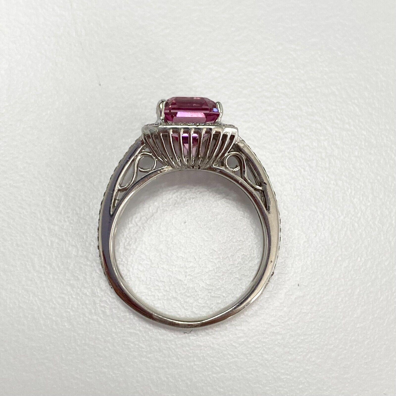 Radiant Cut 18k White Gold Pink Spinel and White Diamond Halo and Split Shank Ring For Sale