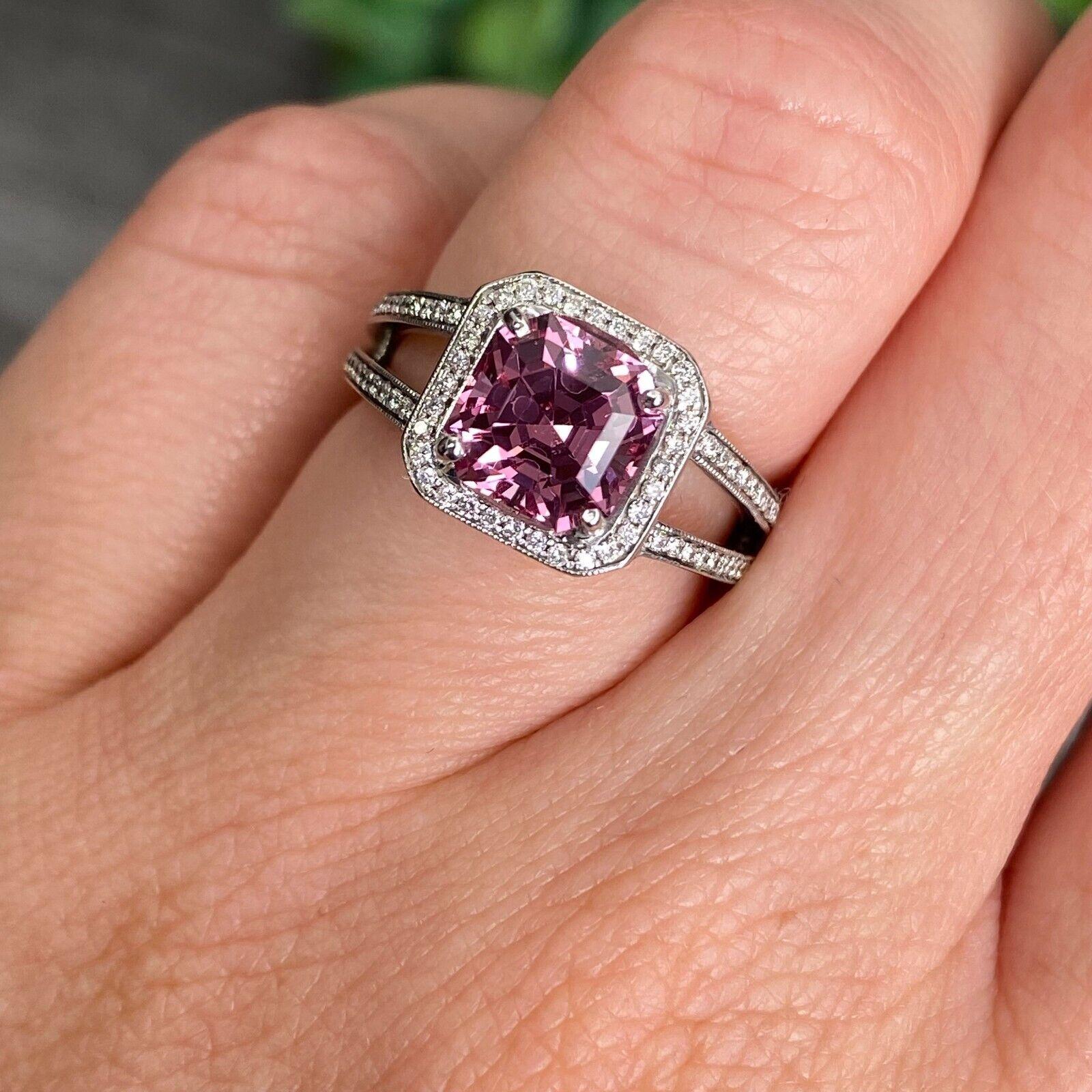 Women's or Men's 18k White Gold Pink Spinel and White Diamond Halo and Split Shank Ring For Sale