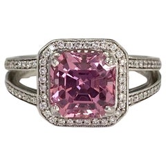 18k White Gold Pink Spinel and White Diamond Halo and Split Shank Ring