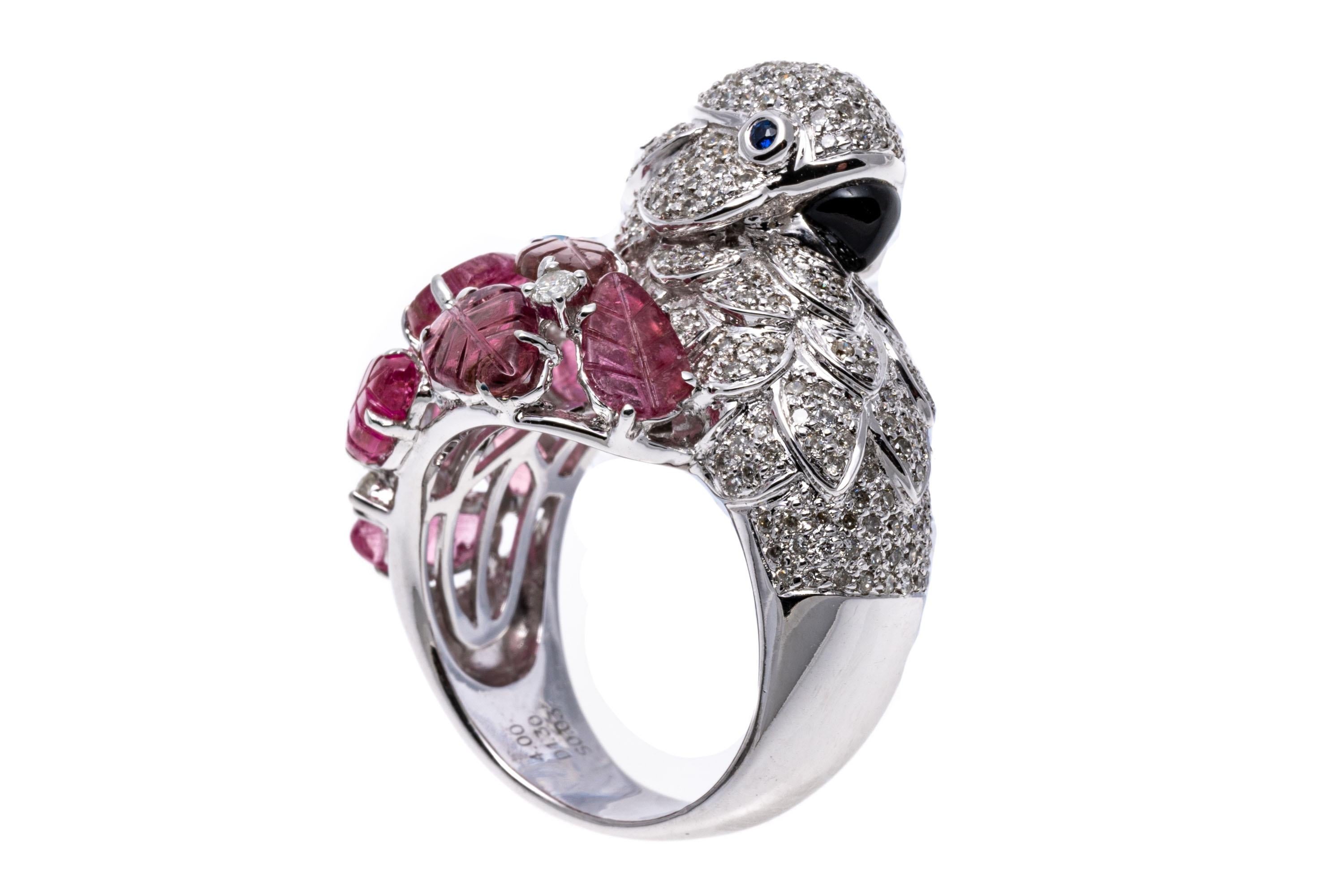 18k White Gold Pink Tourmaline And Diamond Figural Flamingo Ring For Sale 1