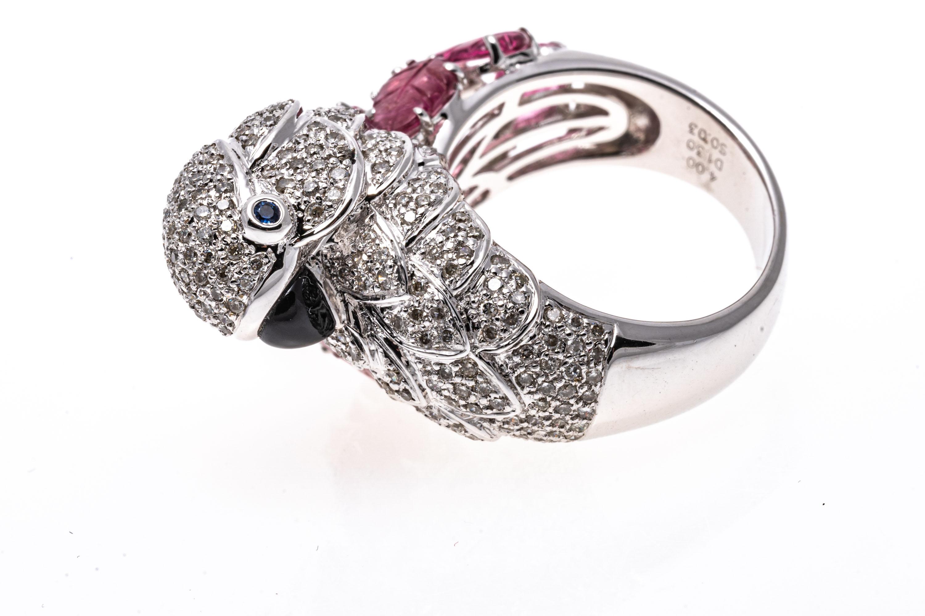 18k White Gold Pink Tourmaline And Diamond Figural Flamingo Ring For Sale 4