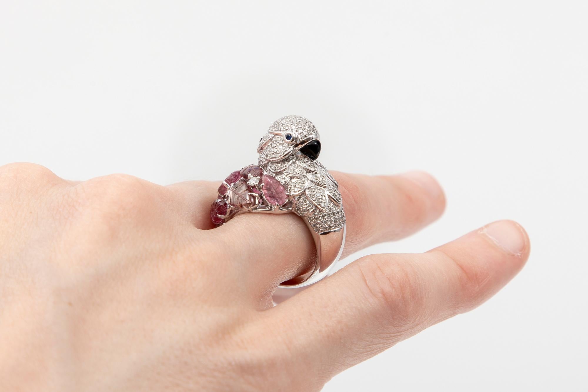 18k White Gold Pink Tourmaline And Diamond Figural Flamingo Ring For Sale 6