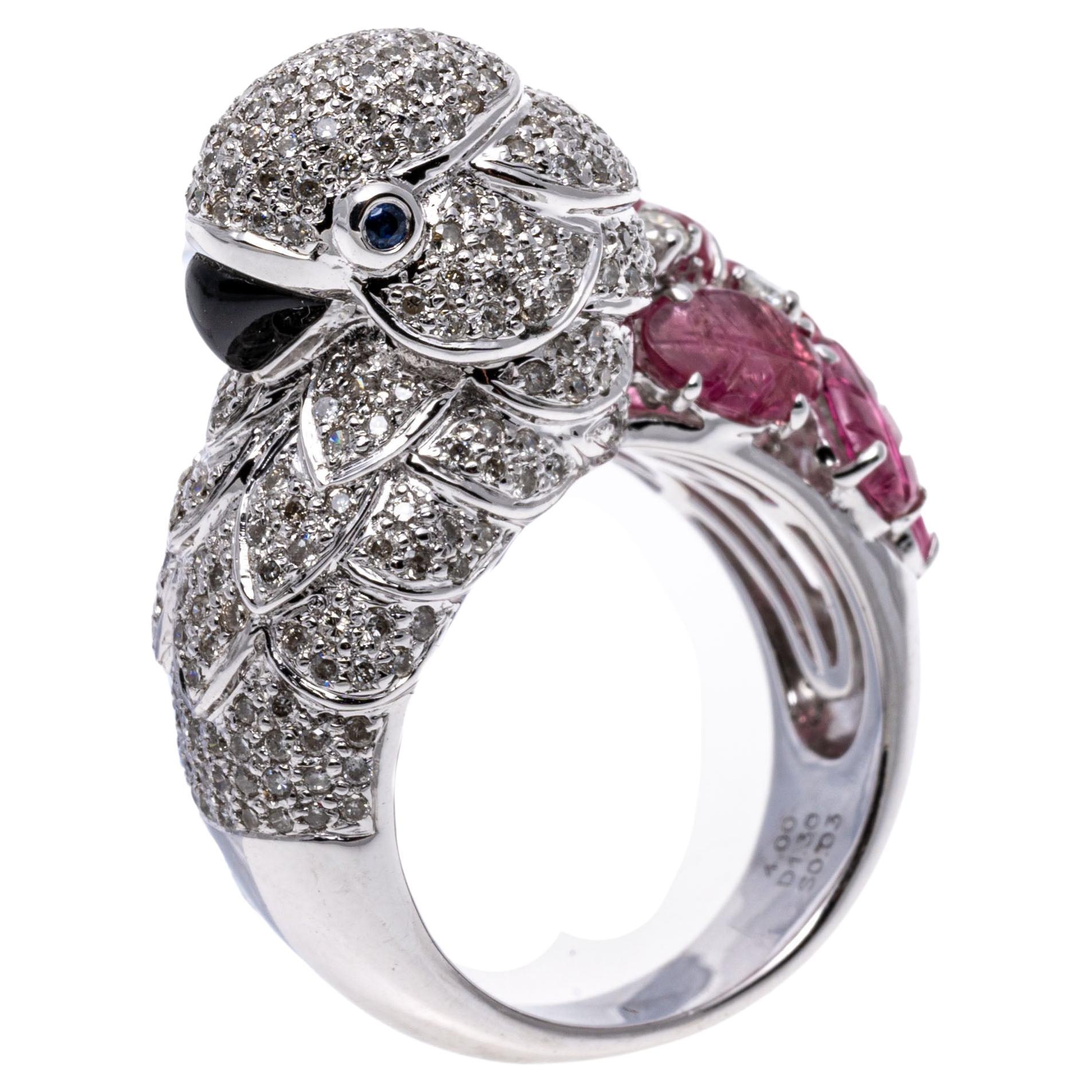 18k White Gold Pink Tourmaline And Diamond Figural Flamingo Ring For Sale