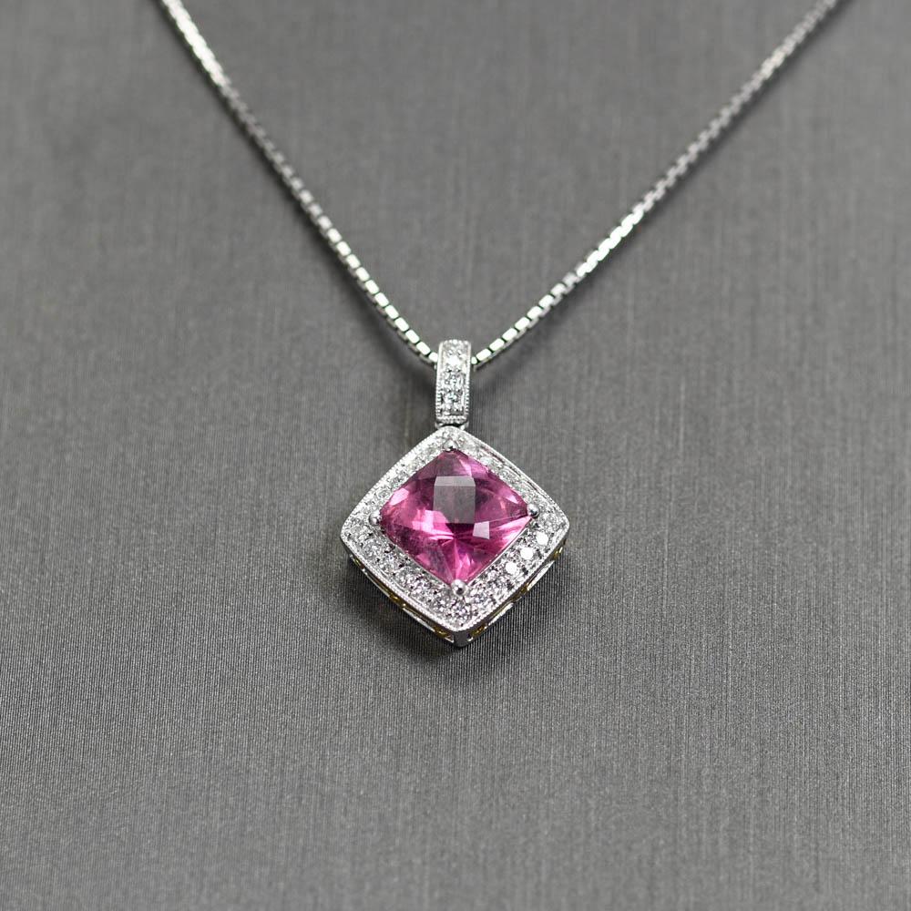 Square Cut 18k White Gold Pink Tourmaline Diamond Necklace For Sale