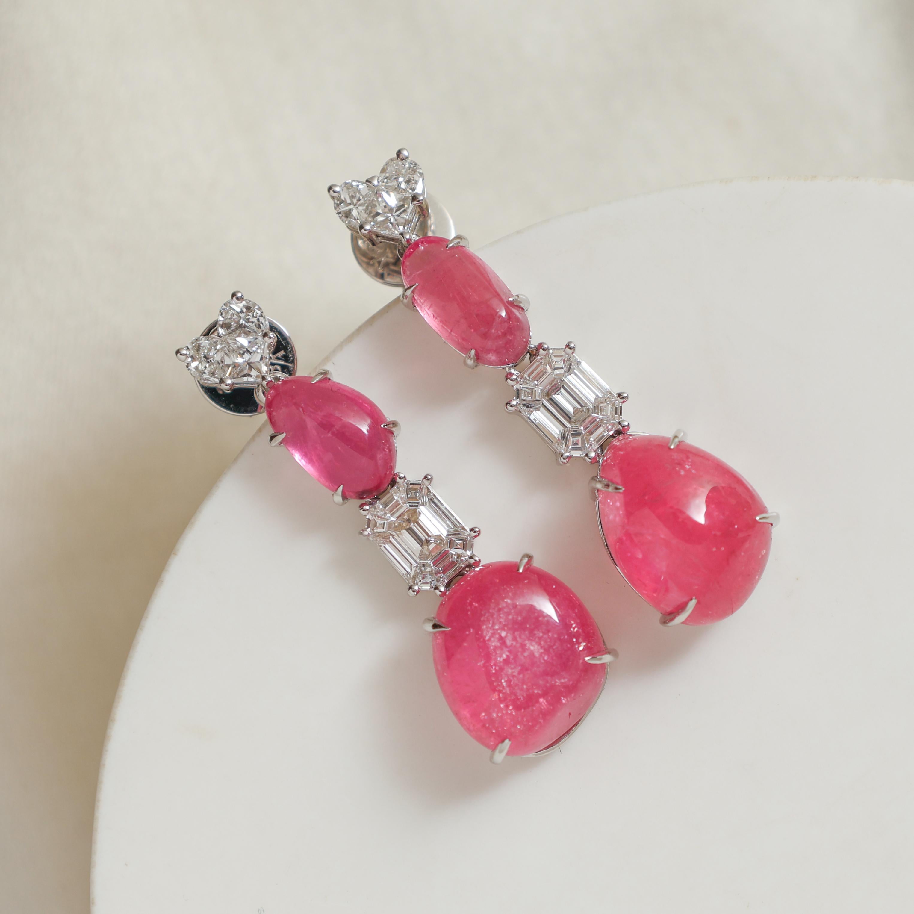 Art Deco 18k White Gold Pink Tourmaline Earrings With Diamonds, Women Jewelry For Sale