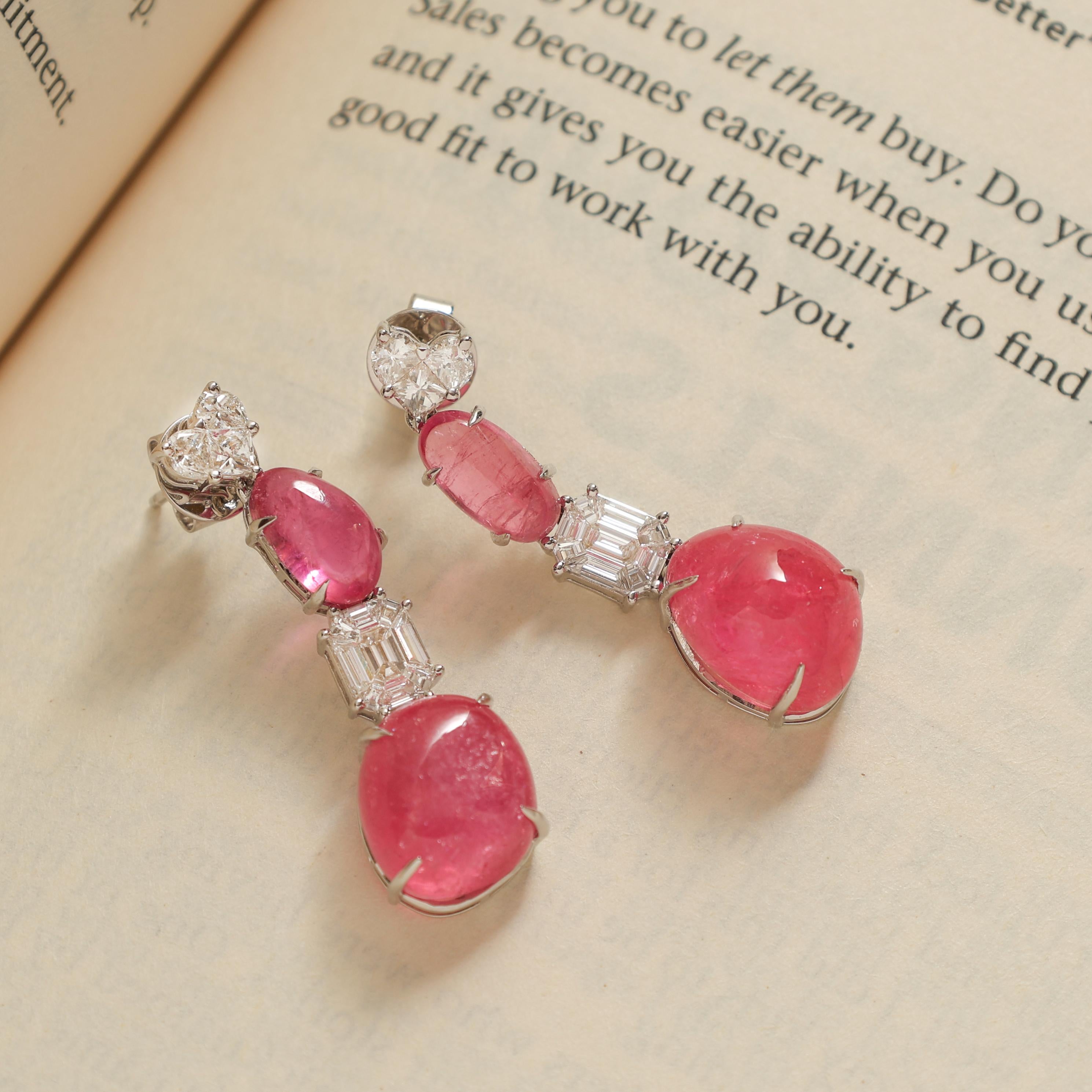18k White Gold Pink Tourmaline Earrings With Diamonds, Women Jewelry In New Condition For Sale In Jaipur, IN