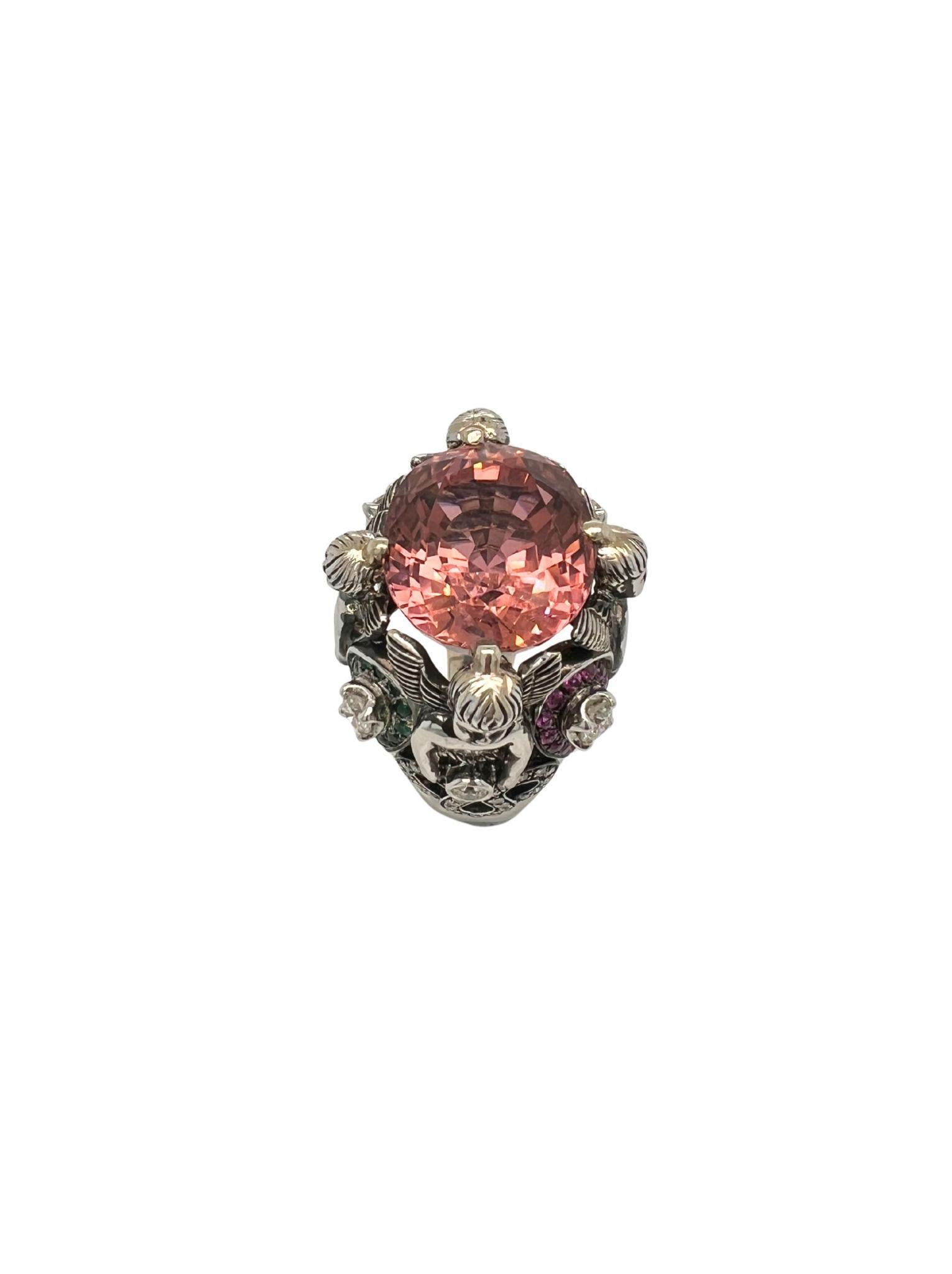 Oval Cut 18k White Gold Pink Tourmaline Emerald Ruby Sapphire Diamond Ring For Sale