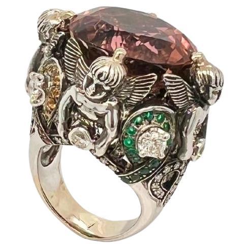 18k White Gold Pink Tourmaline Emerald Ruby Sapphire Diamond Ring For Sale