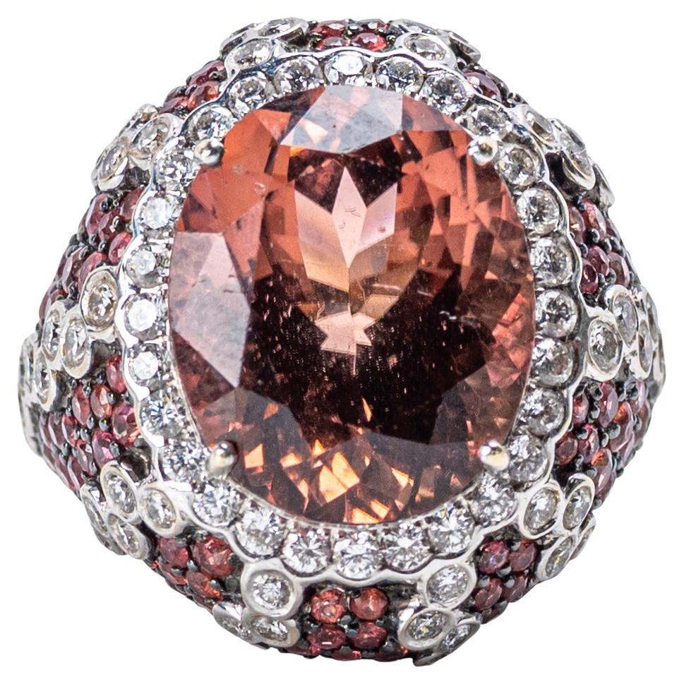 18K White Gold, Pink Tourmaline, Garnet, and Diamond Ring For Sale